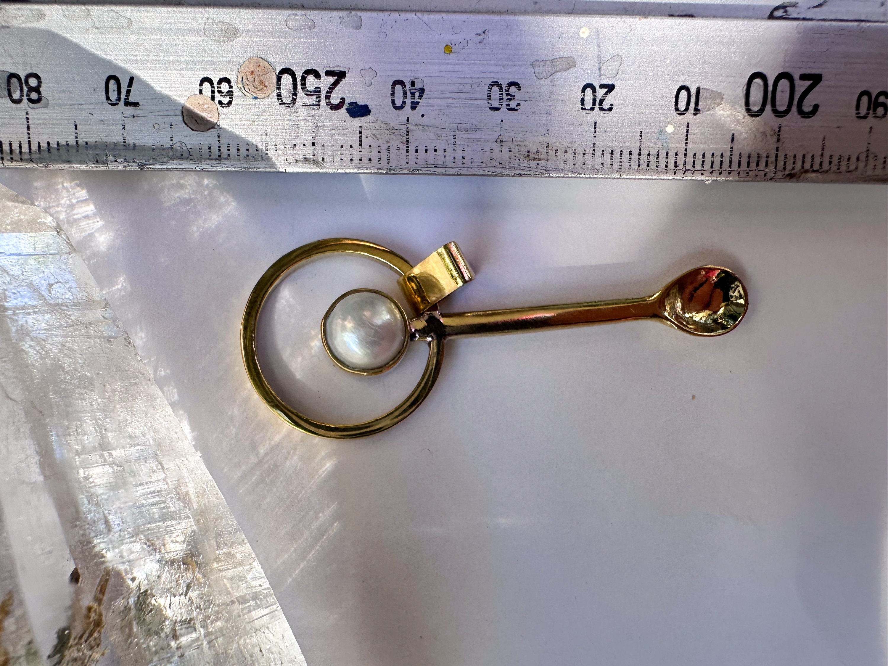 One iridescent South Sea Pearl - Gold plated Cast Brass Spice Spoon Pendant Necklace