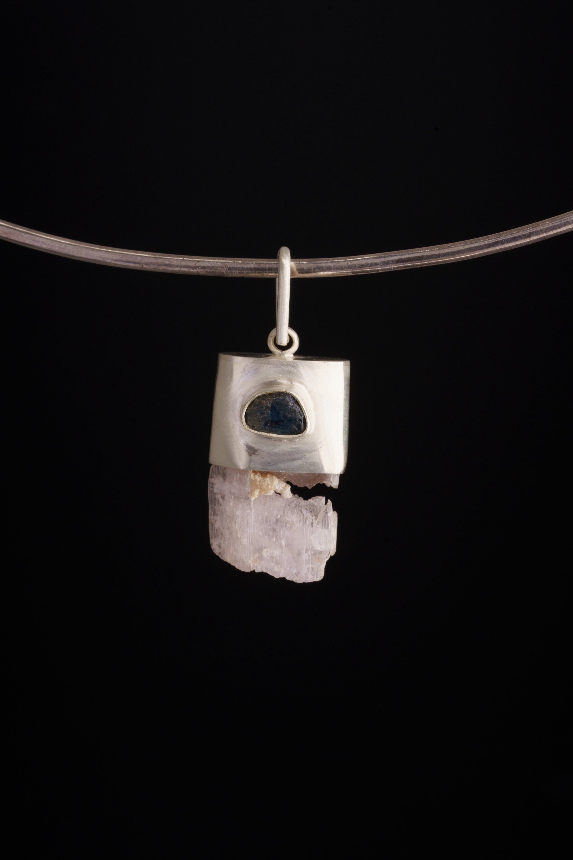 Unique Pink Kunzite with Raw Australian Sapphire - Matt Brushed Sterling Silver - Crystal Pendant Neckpiece NO.5