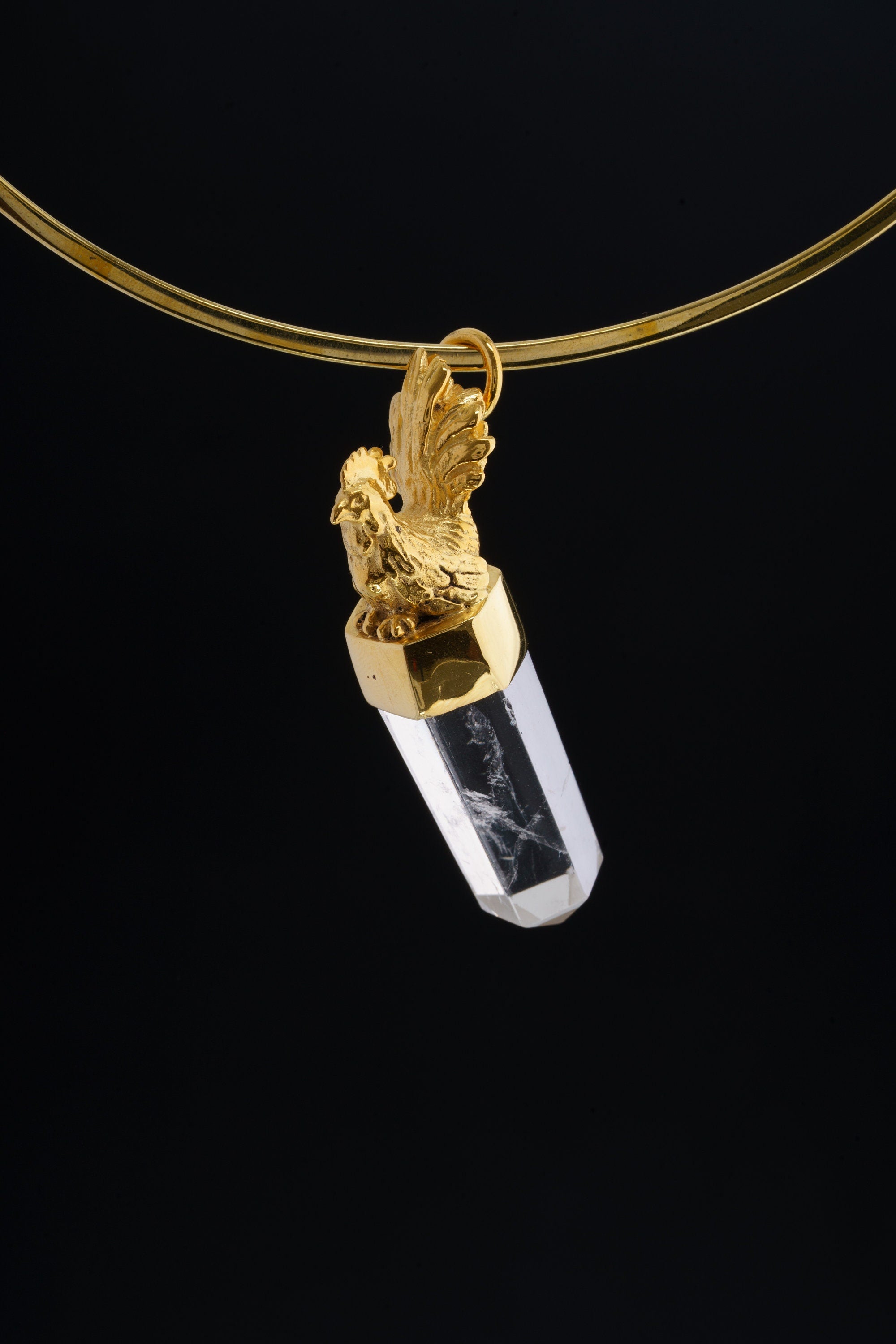 Gold Plated Silver Quartz Point Pendant: Brass Rooster Talisman Amulet