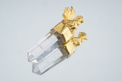 Gold Plated Silver Set Crystal Pendant, Cut Natural Generator Quartz Point, Brass Cast Rooster Talisman, Unique Spiritual Amulet Jewlery