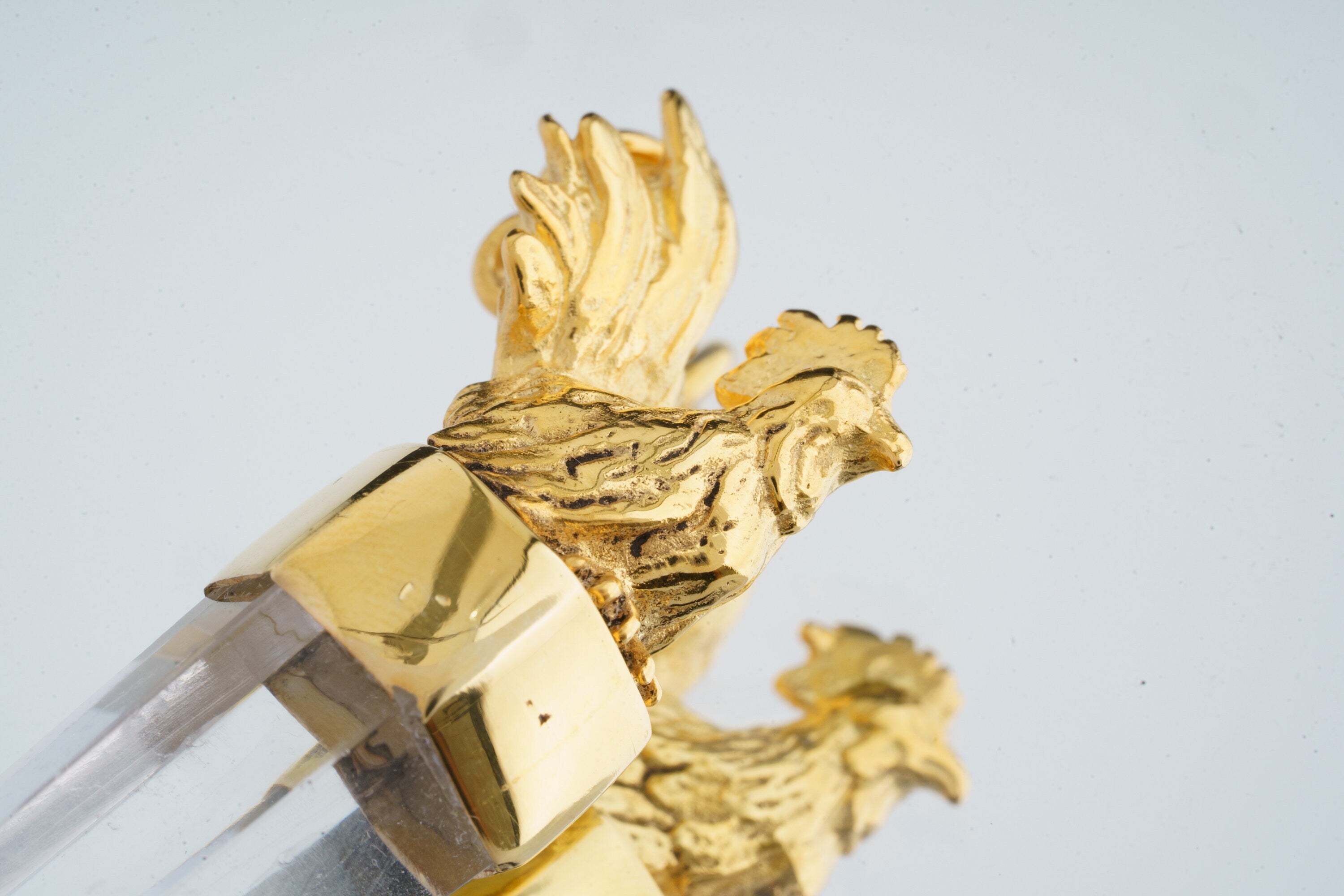 Gold Plated Silver Set Crystal Pendant, Cut Natural Generator Quartz Point, Brass Cast Rooster Talisman, Unique Spiritual Amulet Jewlery