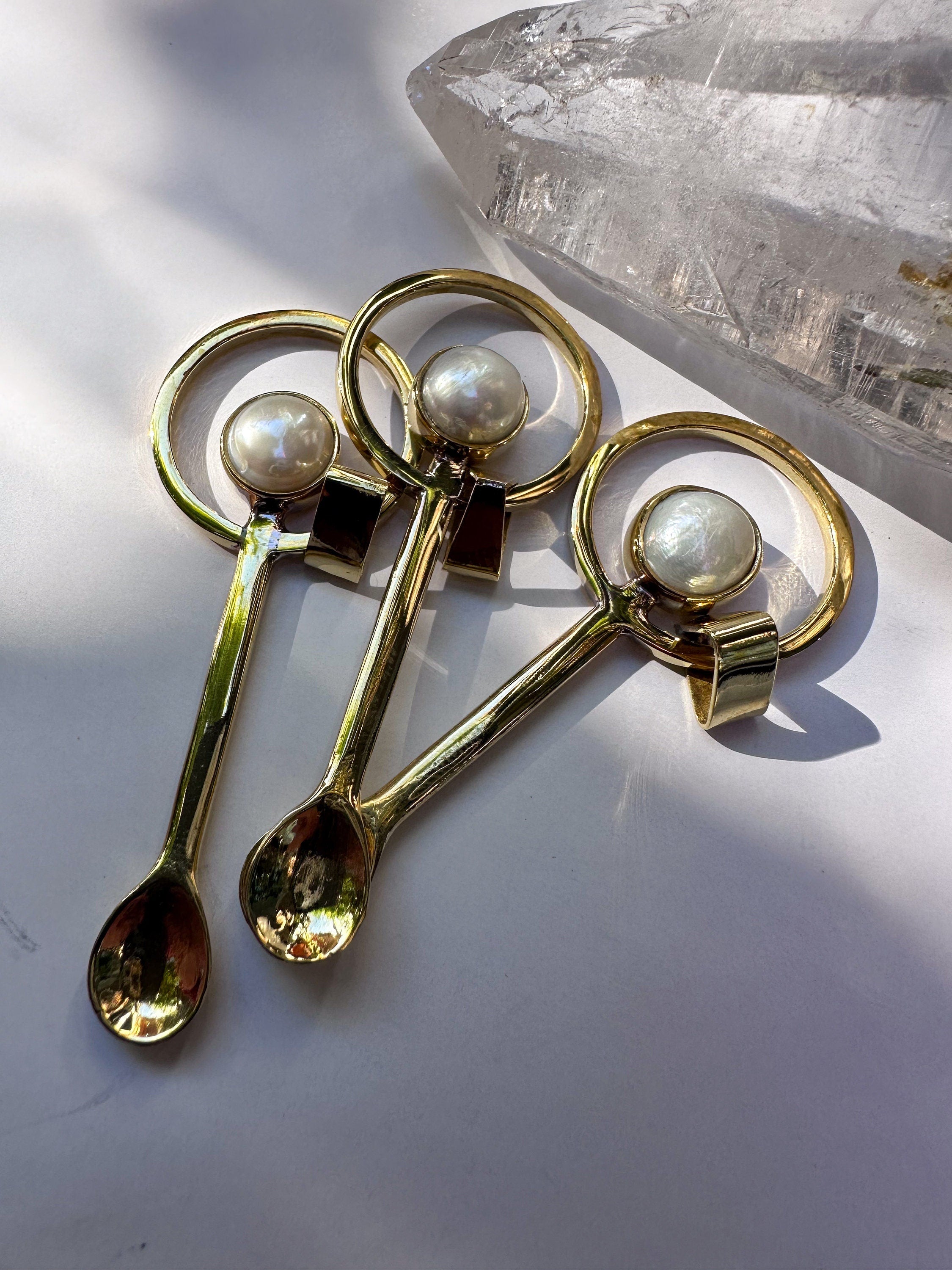 South Sea Pearl Spoon Pendant Gold Plated Brass Cast Fairy Spoon Necklace Ritual Spice Spoon Crown Chakra Gift