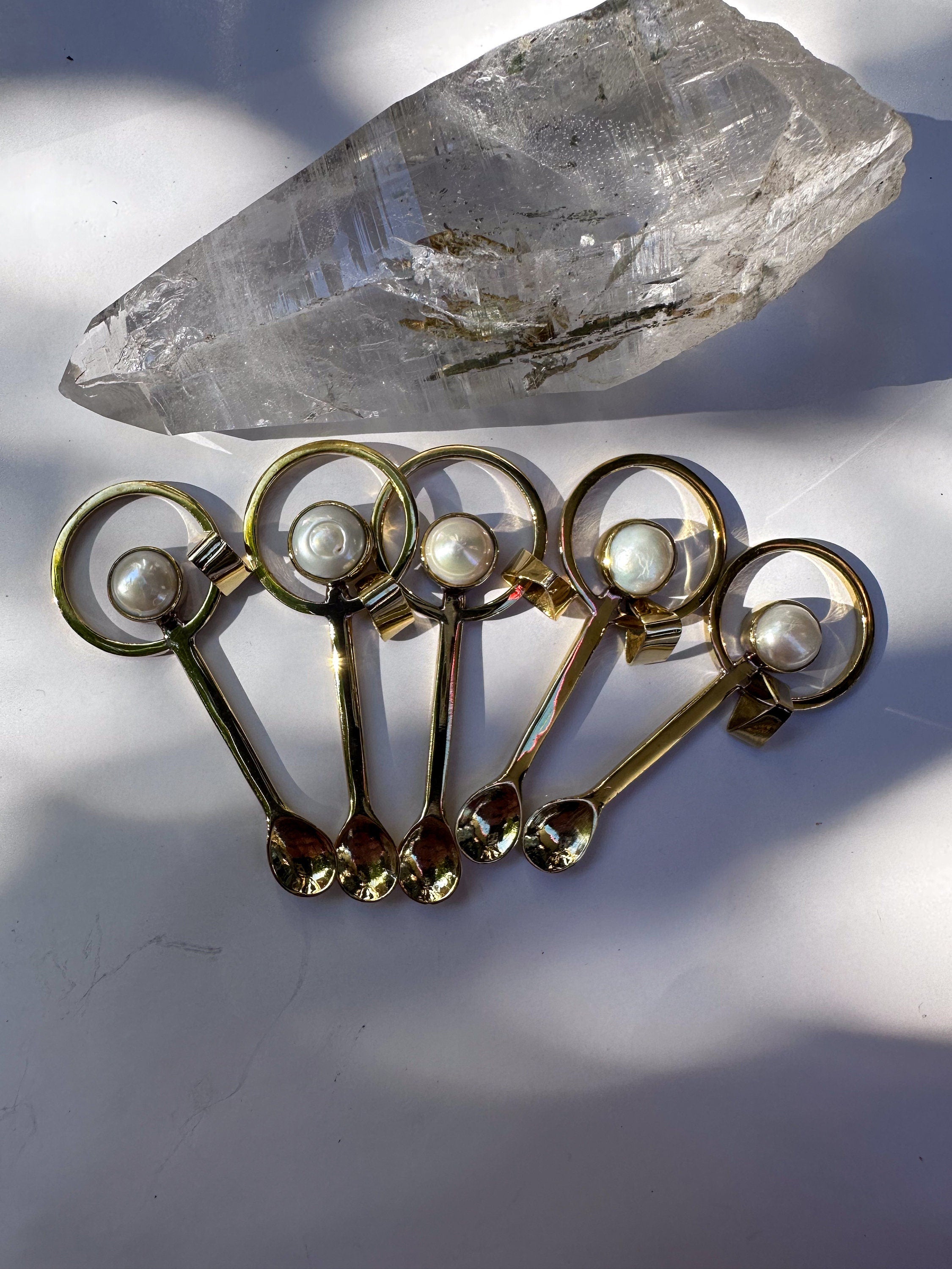 One iridescent South Sea Pearl - Gold plated Cast Brass Spice Spoon Pendant Necklace