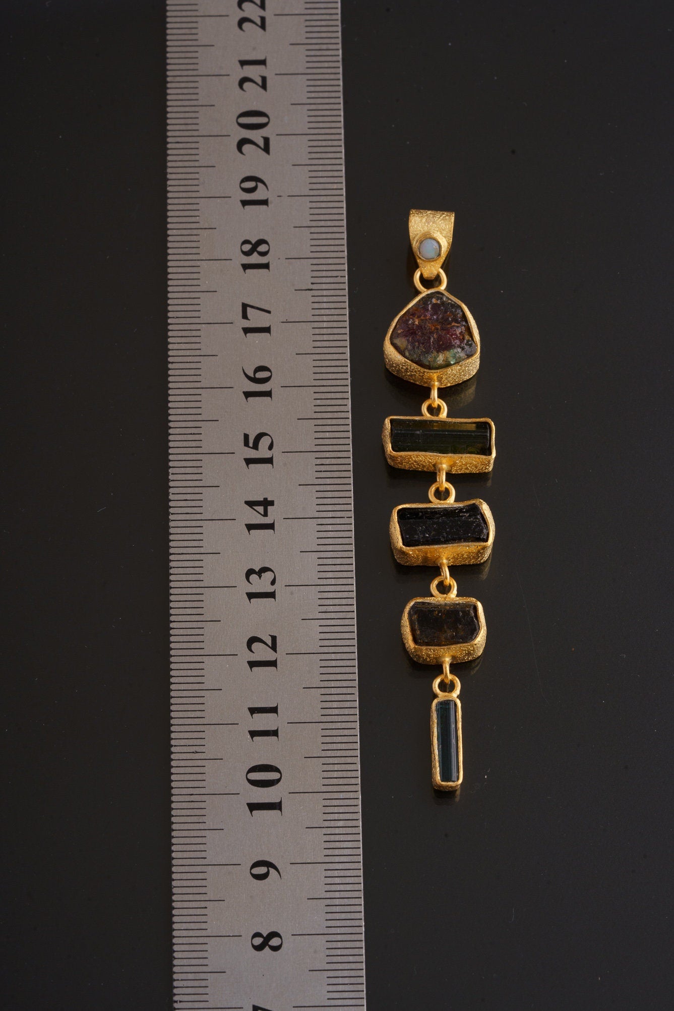 Rainbow Tourmaline Pendant in Textured 18 Carat Gold-Plated Sterling Silver, Six Unique Gemmy Tourmaline Crystals, Dangling Gold Charm
