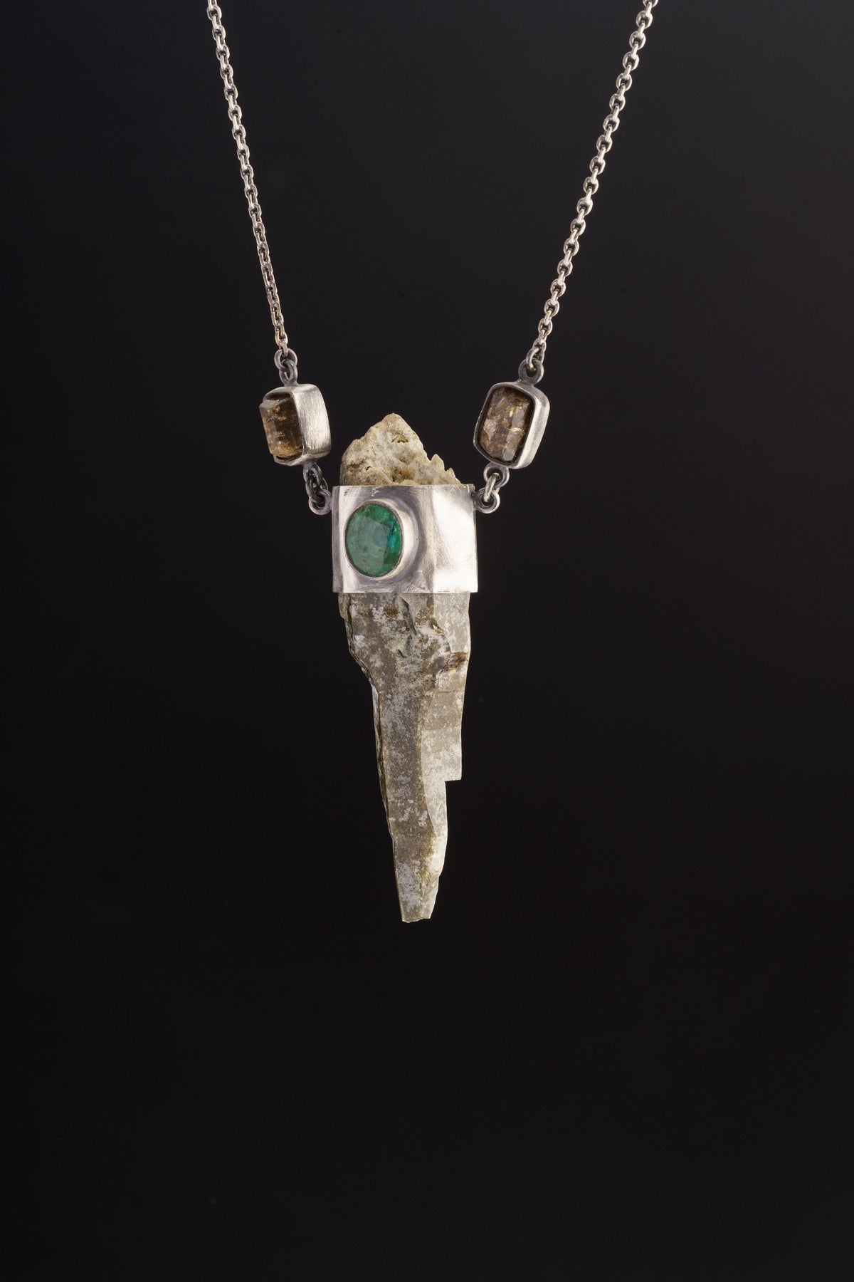 Himalayan Chlorite Quartz Nepalese Emerald Dravite pendant shown worn on a model, with oxidized 925 sterling silver and hoop chain.