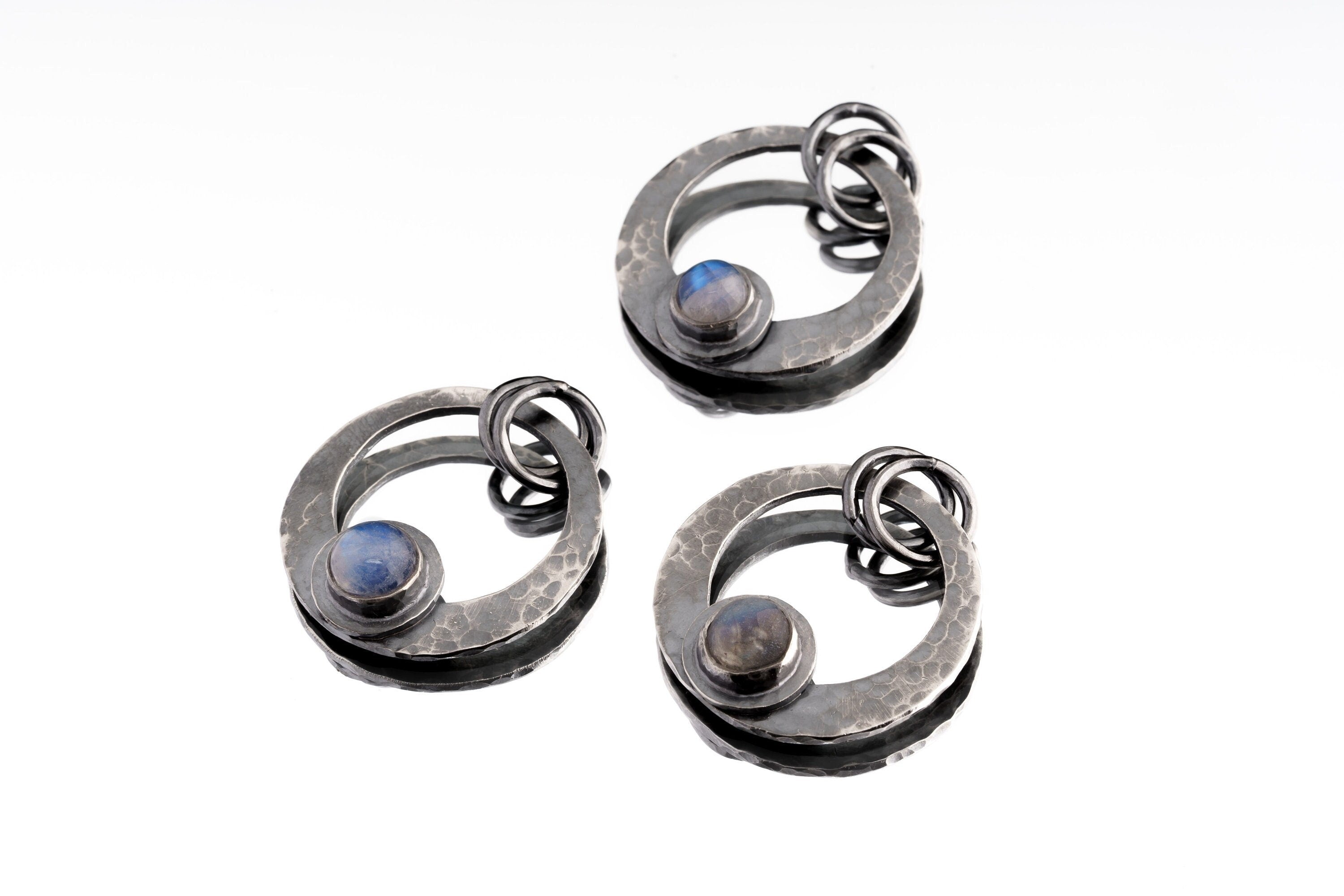 Moonstone Crescent Pendant 925 Sterling Silver Oxidized Necklace Hammered Texture Cancer Zodiac Lunar Chakra Gift