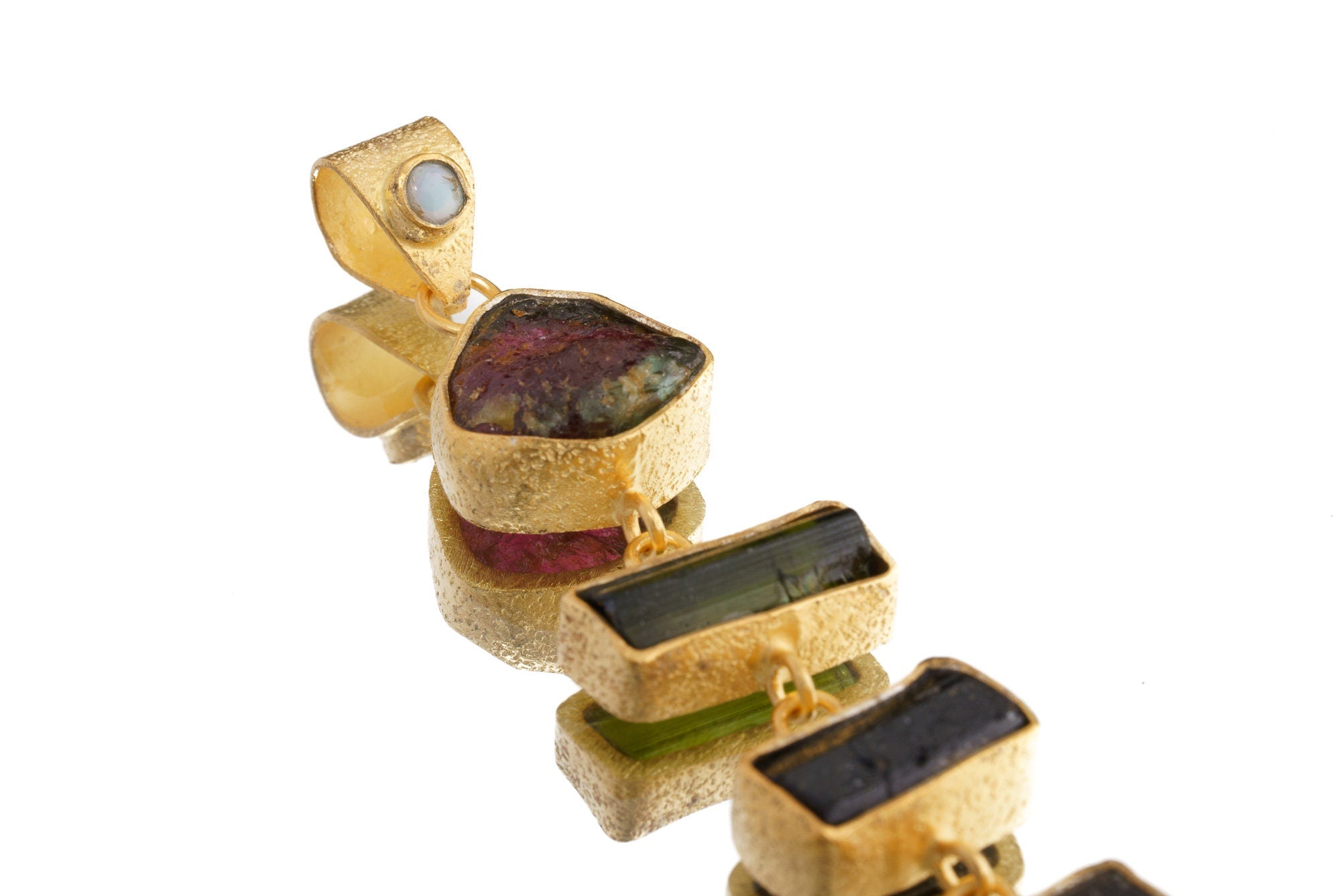 Rainbow Tourmaline Pendant in Textured 18 Carat Gold-Plated Sterling Silver, Six Unique Gemmy Tourmaline Crystals, Dangling Gold Charm