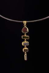 Rainbow Tourmaline Pendant in Textured 18 Carat Gold-Plated Sterling Silver, Six Unique Gemmy Tourmaline Crystals, Dangling Gold Charm
