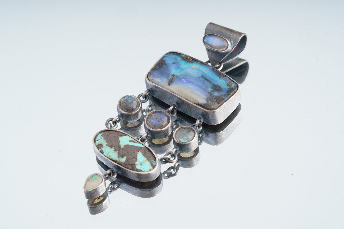 Oxidized Sterling Silver Gemstone Pendant: Australian Opal, Labradorite, Turquoise, Moonstone