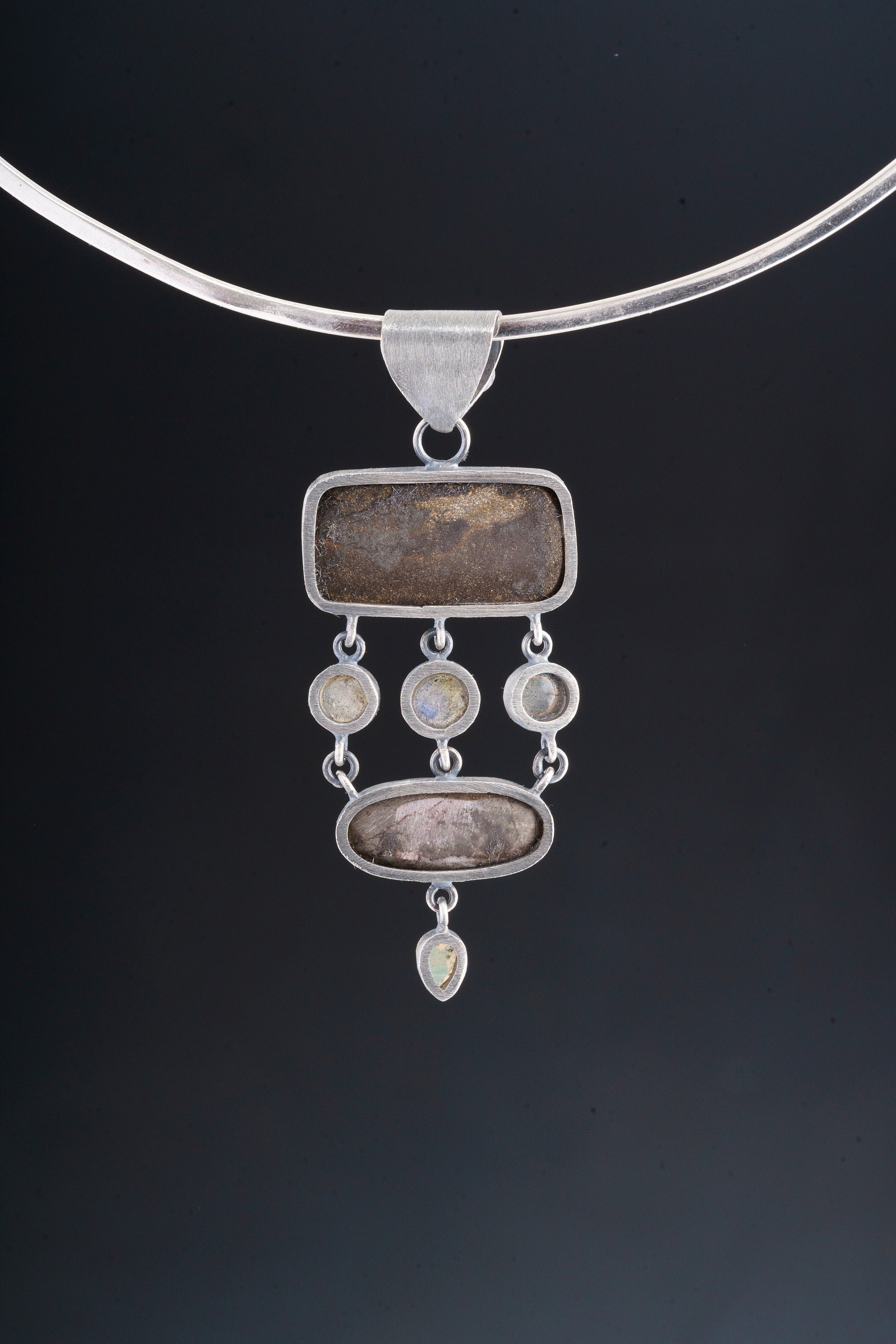 Textured Oxidized Sterling Silver Pendant, Ocean's Symphony Gems: Australian Opal, Labradorite, Royston Turquoise, Ethiopian Opal, Moonstone