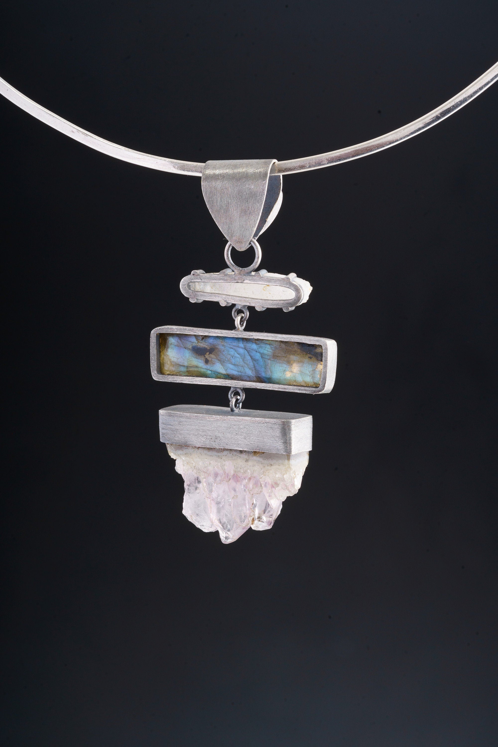 Amethyst Labradorite Opal Quartz Pendant 925 Sterling Silver Lemurian Crystal Crown Third Eye Chakra Gift