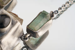 Elegant 16 inch Link Chain Necklace with a Specimen Himalayan Laser Quartz, Black Star Sapphire and Aquamarine in Oxidized Sterling Silver