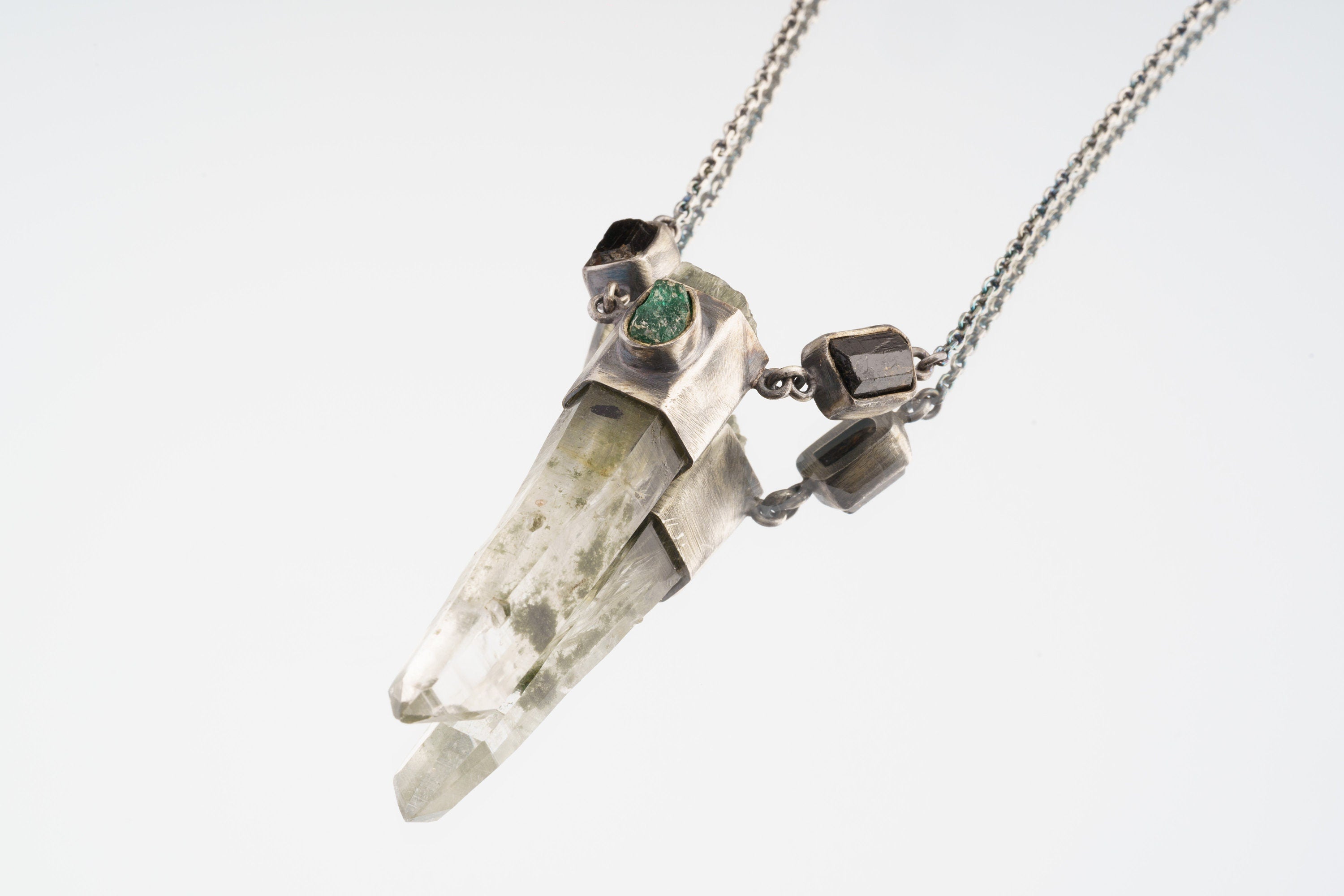 Raw Gem Emerald, Dravite Tourmaline & Wrapped Himalayan White Rutile Quartz Pendant, Aged Look Sterling Silver, ADJUSTABLE 16" Chain