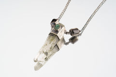 Raw Gem Emerald, Dravite Tourmaline & Wrapped Himalayan White Rutile Quartz Pendant, Aged Look Sterling Silver, ADJUSTABLE 16" Chain