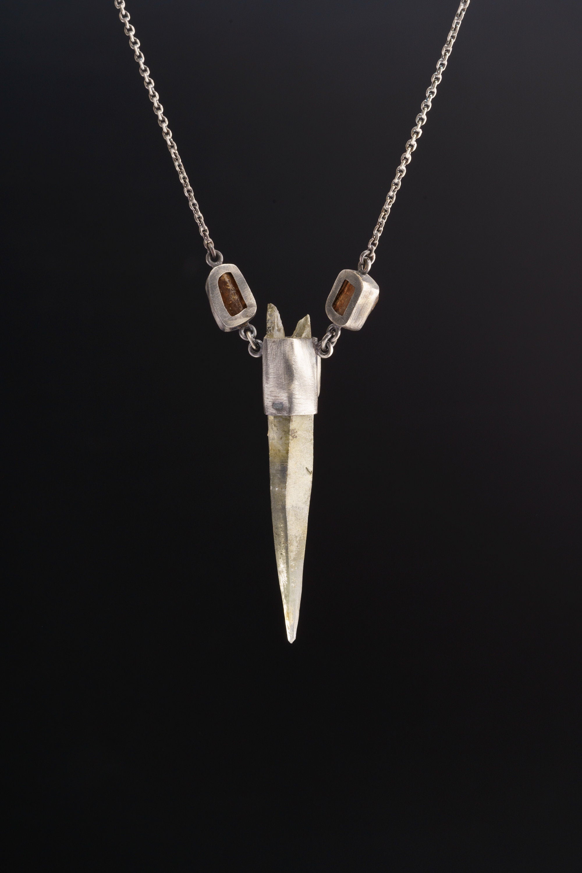 Emerald Matrix - Optical Clear Himalayan Inclusion Quartz with Australian Emerald and Dravite Tourmaline in Oxidized Sterling Silver Pendant