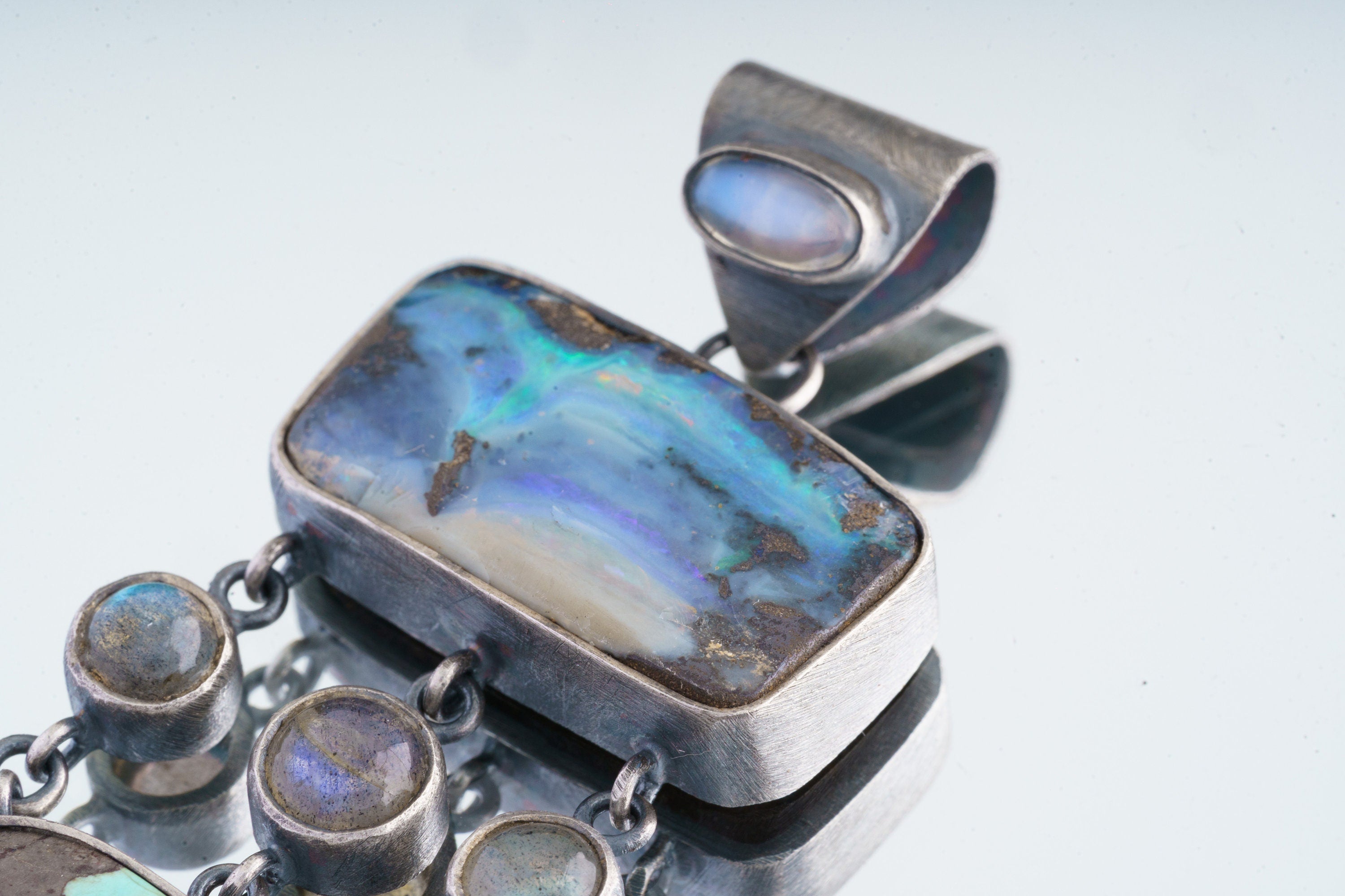 Textured Oxidized Sterling Silver Pendant, Ocean's Symphony Gems: Australian Opal, Labradorite, Royston Turquoise, Ethiopian Opal, Moonstone