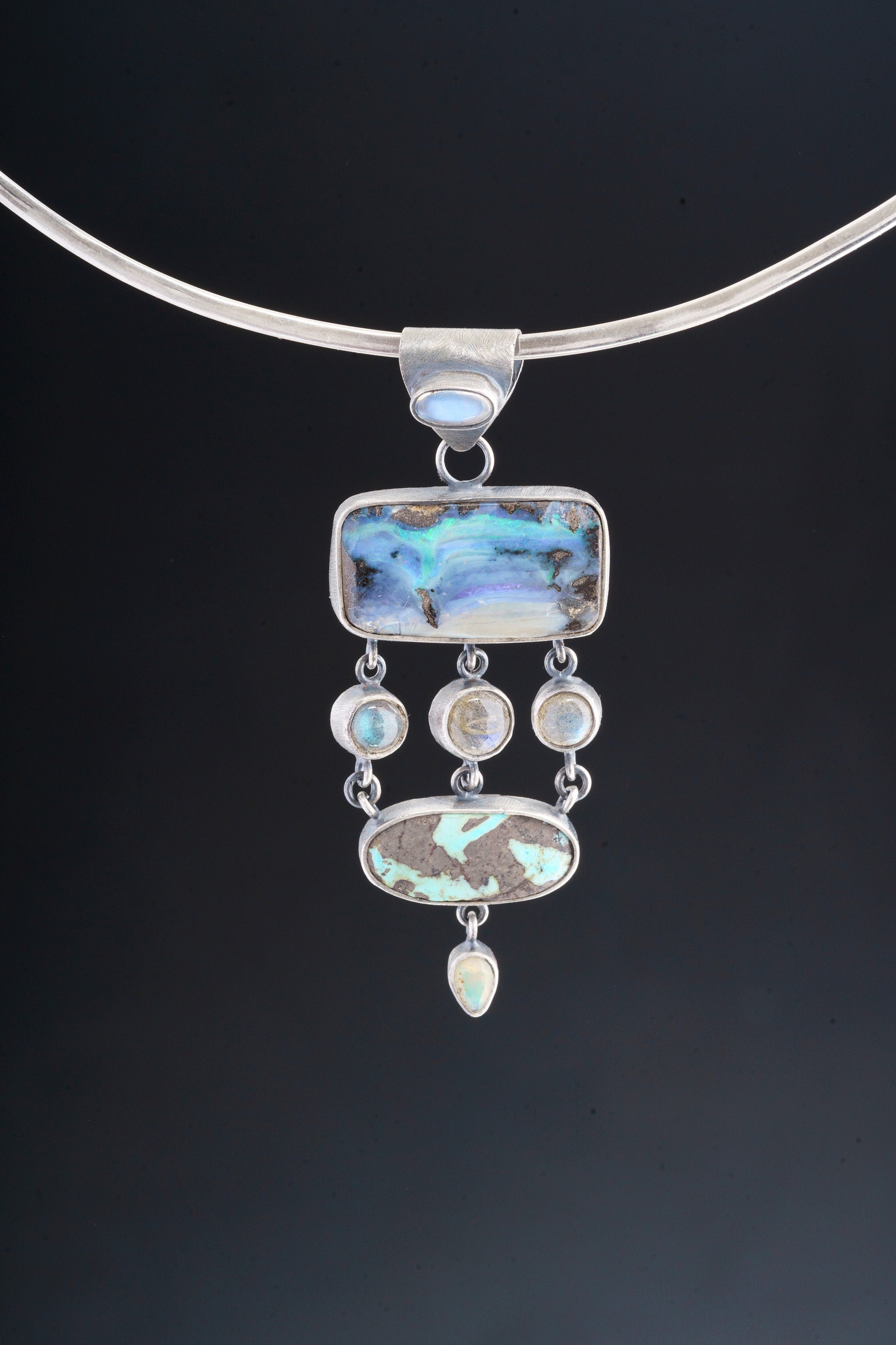 Textured Oxidized Sterling Silver Pendant, Ocean's Symphony Gems: Australian Opal, Labradorite, Royston Turquoise, Ethiopian Opal, Moonstone