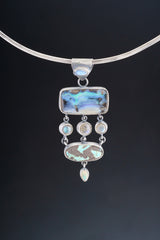 Textured Oxidized Sterling Silver Pendant, Ocean's Symphony Gems: Australian Opal, Labradorite, Royston Turquoise, Ethiopian Opal, Moonstone