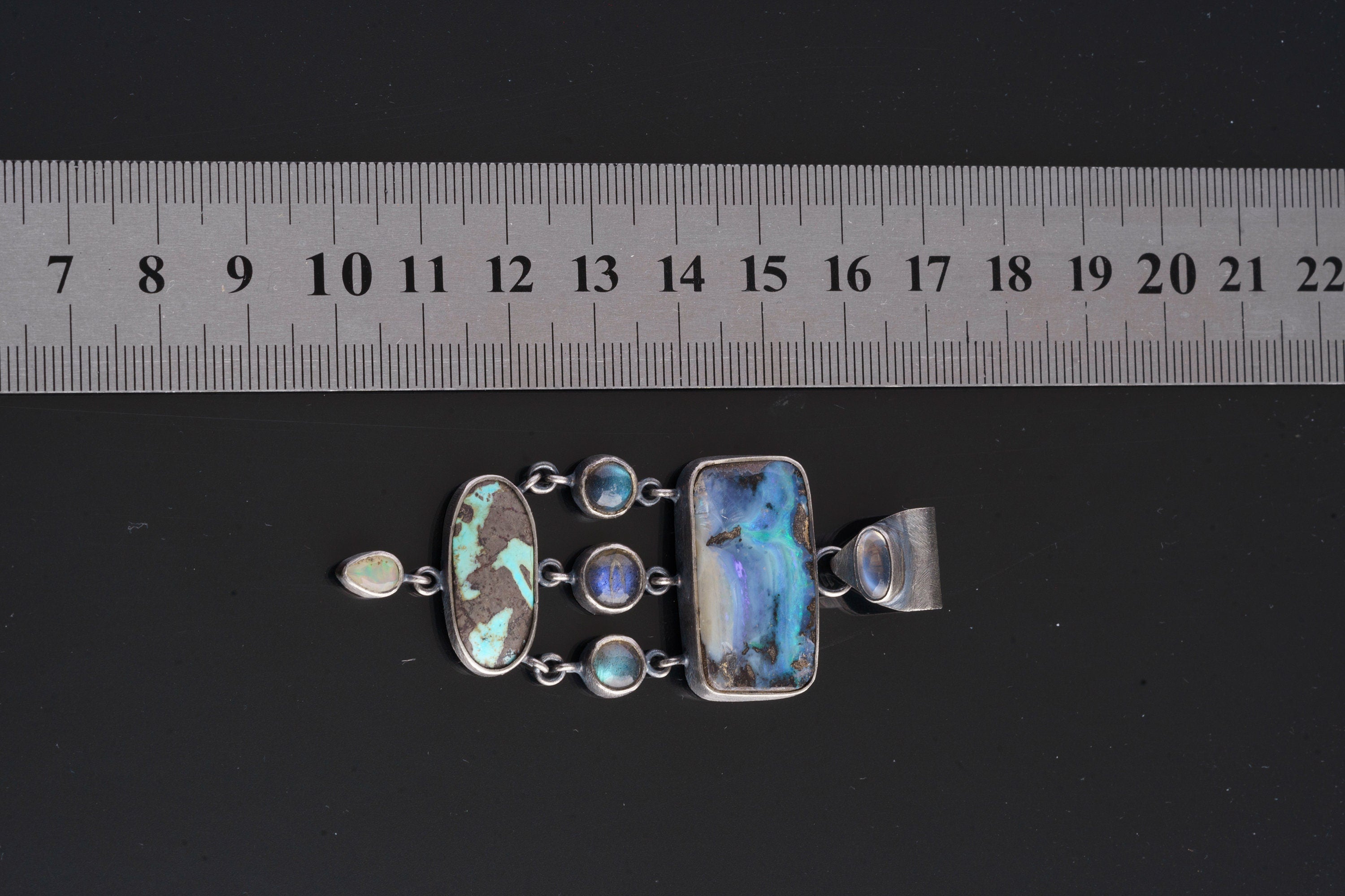 Textured Oxidized Sterling Silver Pendant, Ocean's Symphony Gems: Australian Opal, Labradorite, Royston Turquoise, Ethiopian Opal, Moonstone