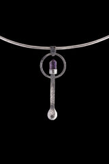 Amethyst ritual spoon pendant shown on a silver choker, with solid 925 sterling silver and purple generator stone.