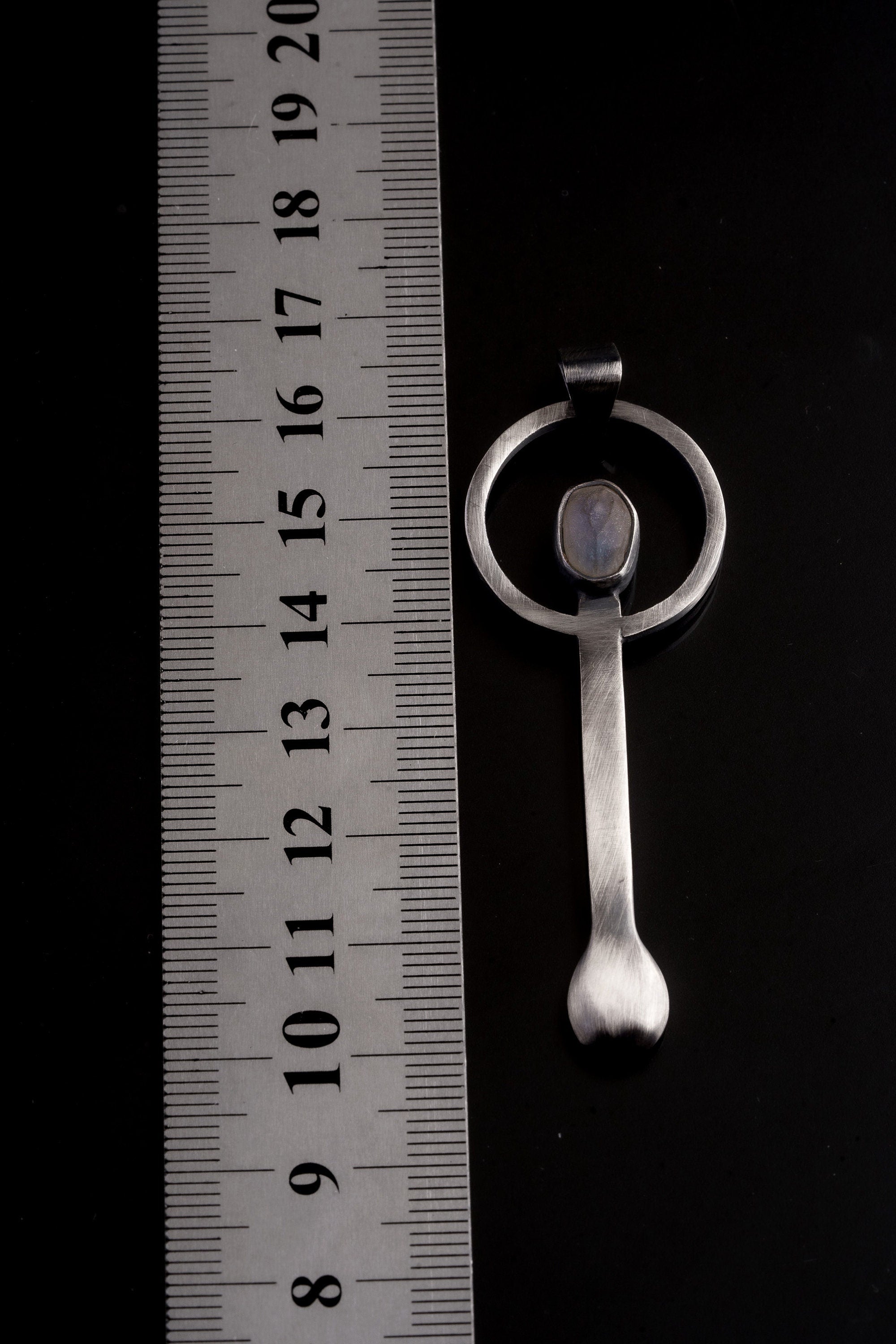 Semi Polished Blue Moonstone - Small Spice Spoon - Solid 925 Cast Silver - Oxidised Brush Textured - Crystal Pendant Necklace