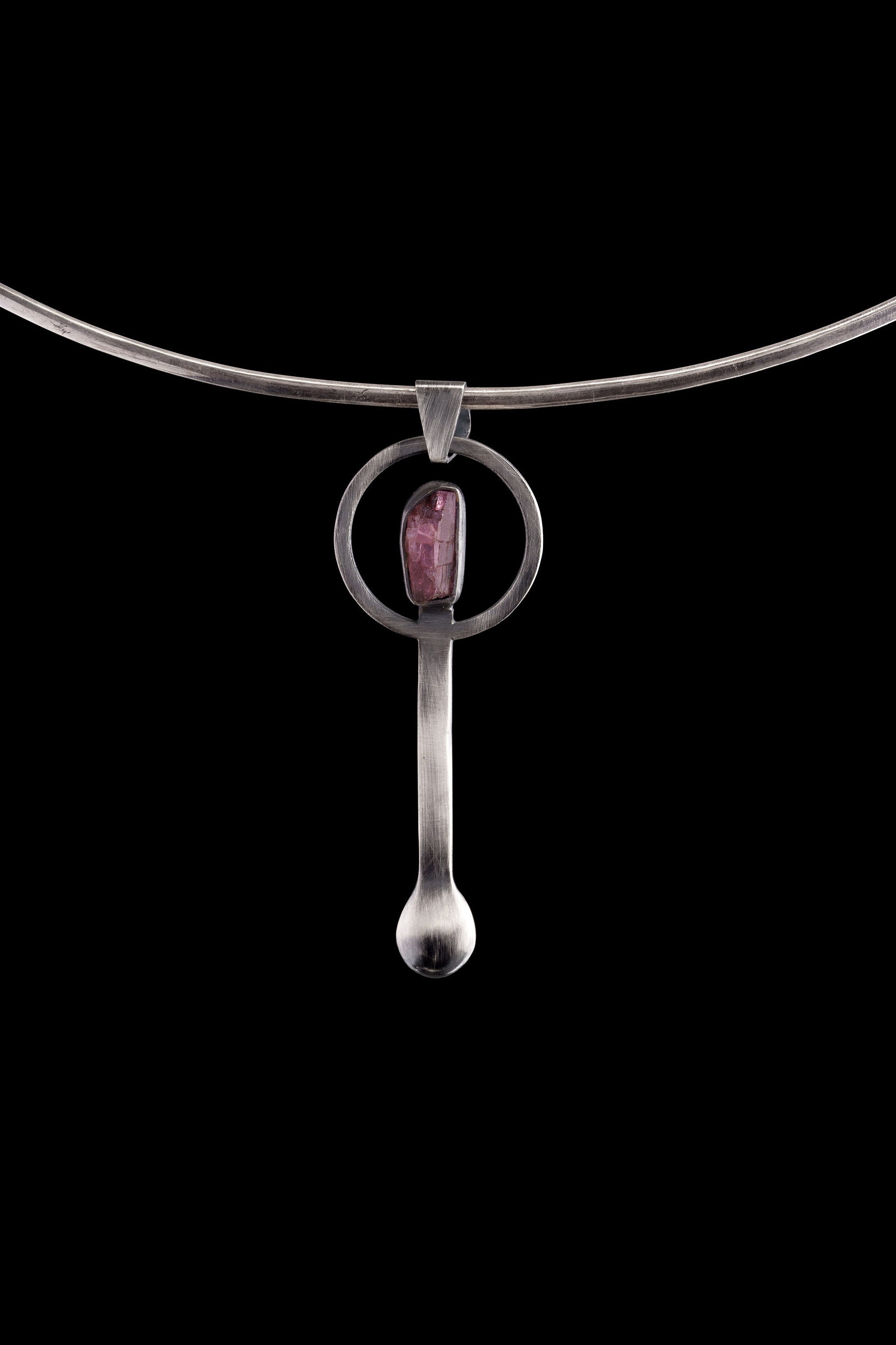 Rubellite Tourmaline silver spoon pendant displayed on a choker, showing wearable talisman styling and spoon form.