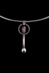 Rubellite Tourmaline silver spoon pendant displayed on a choker, showing wearable talisman styling and spoon form.
