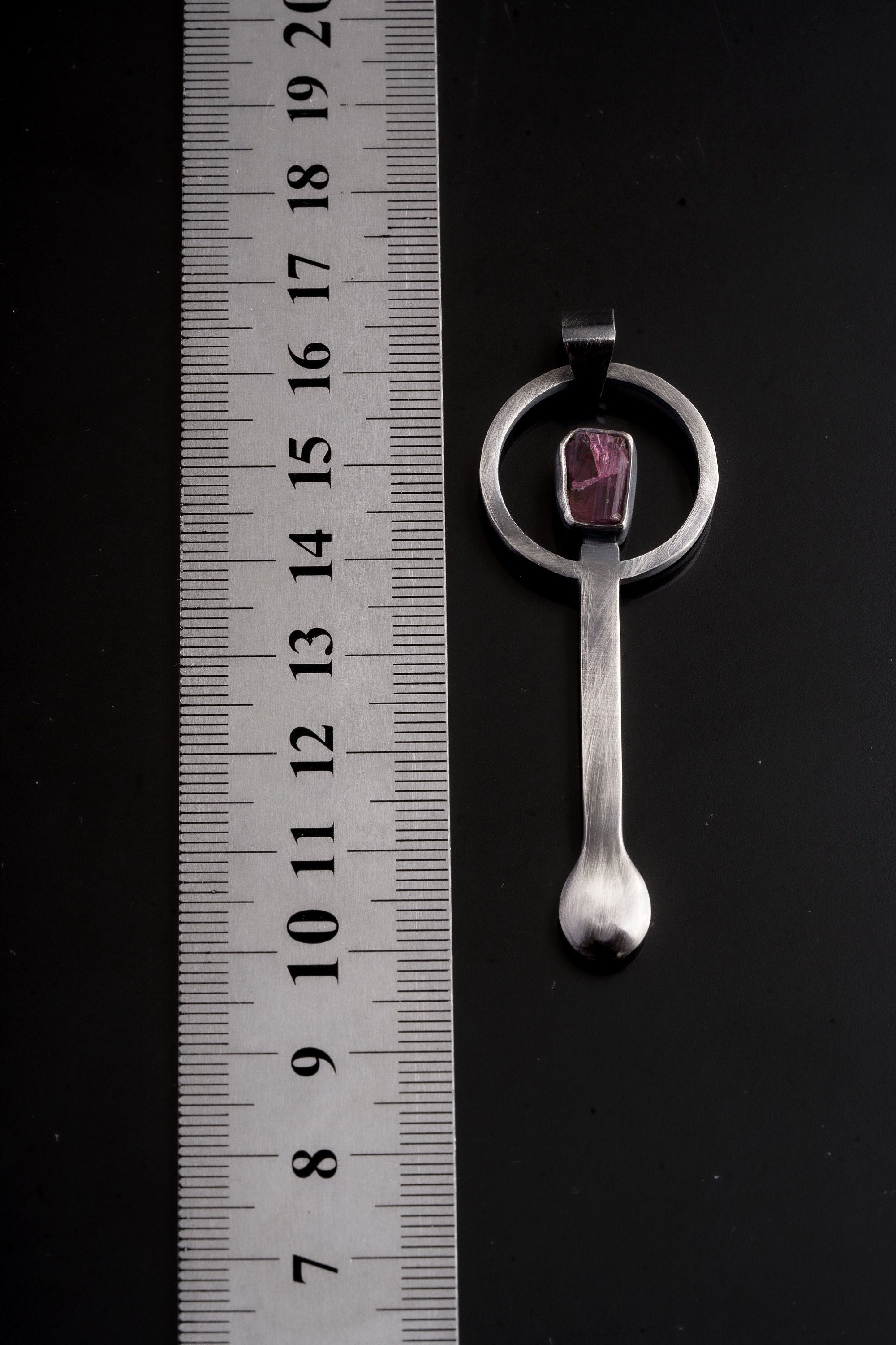 Pink Tourmaline - Spice / Ceremonial Spoon - 925 Cast Silver - Oxidised Brush Texture - Crystal Pendant Necklace