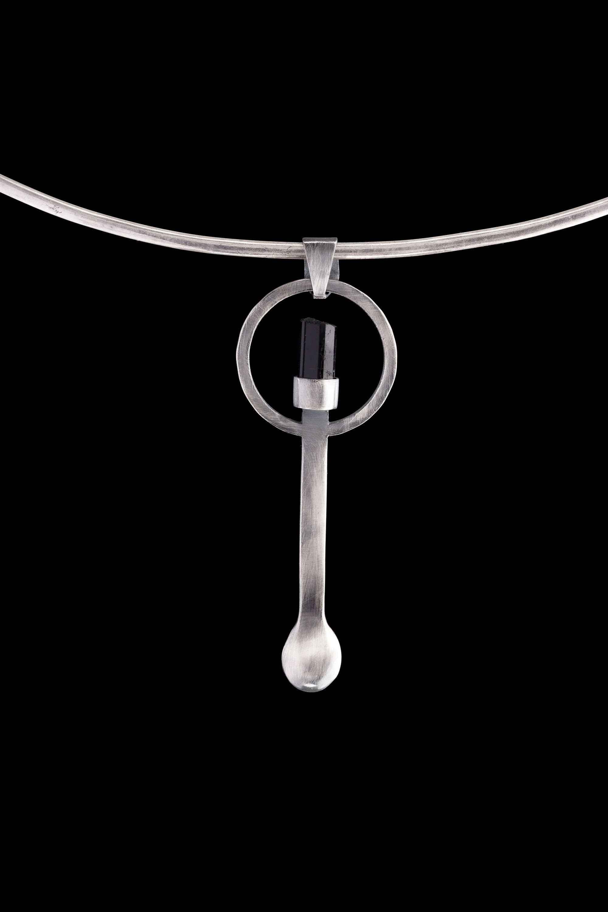 Black Tourmaline - Small Spice / Ceremonial Spoon - Solid 925 Cast Silver - Unique Brush Textured - Crystal Pendant Necklace