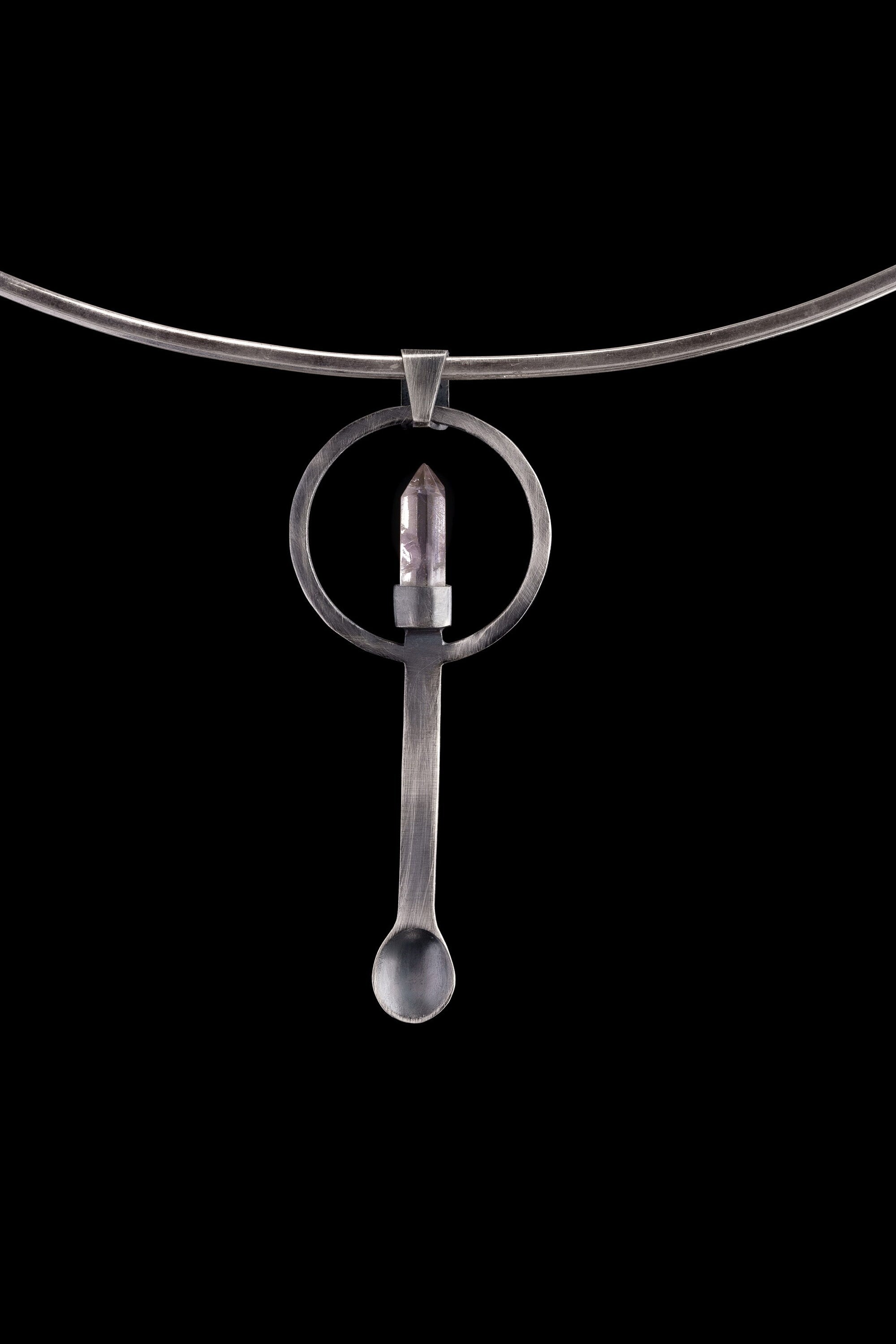 Clear Quartz 925 Silver Spoon: Oxidized Crystal Pendant Necklace