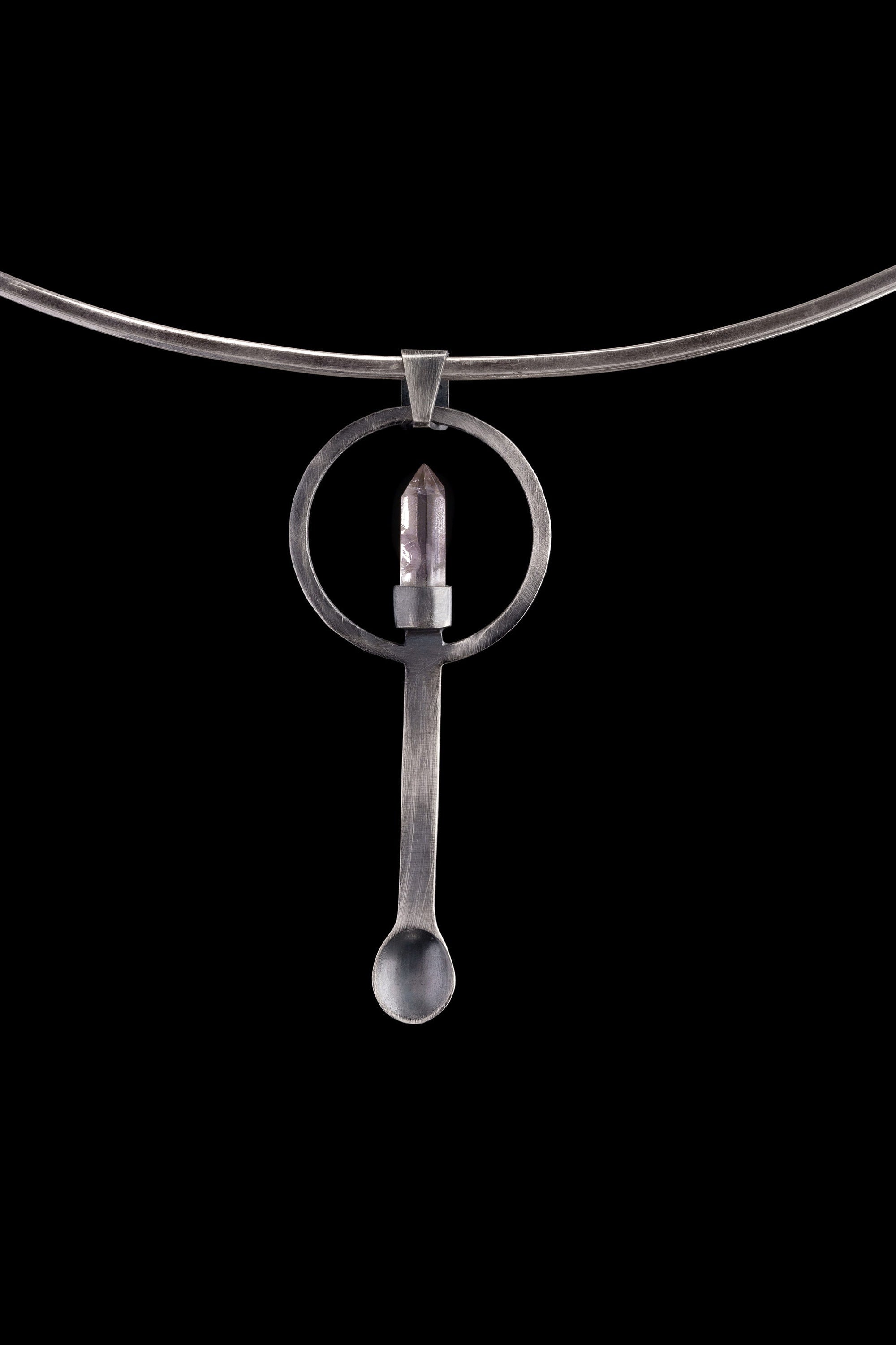 Cut Clear Quartz Generator - Spice / Ceremonial Spoon - 925 Cast Silver - Oxidised Brush Textured - Crystal Pendant Necklace
