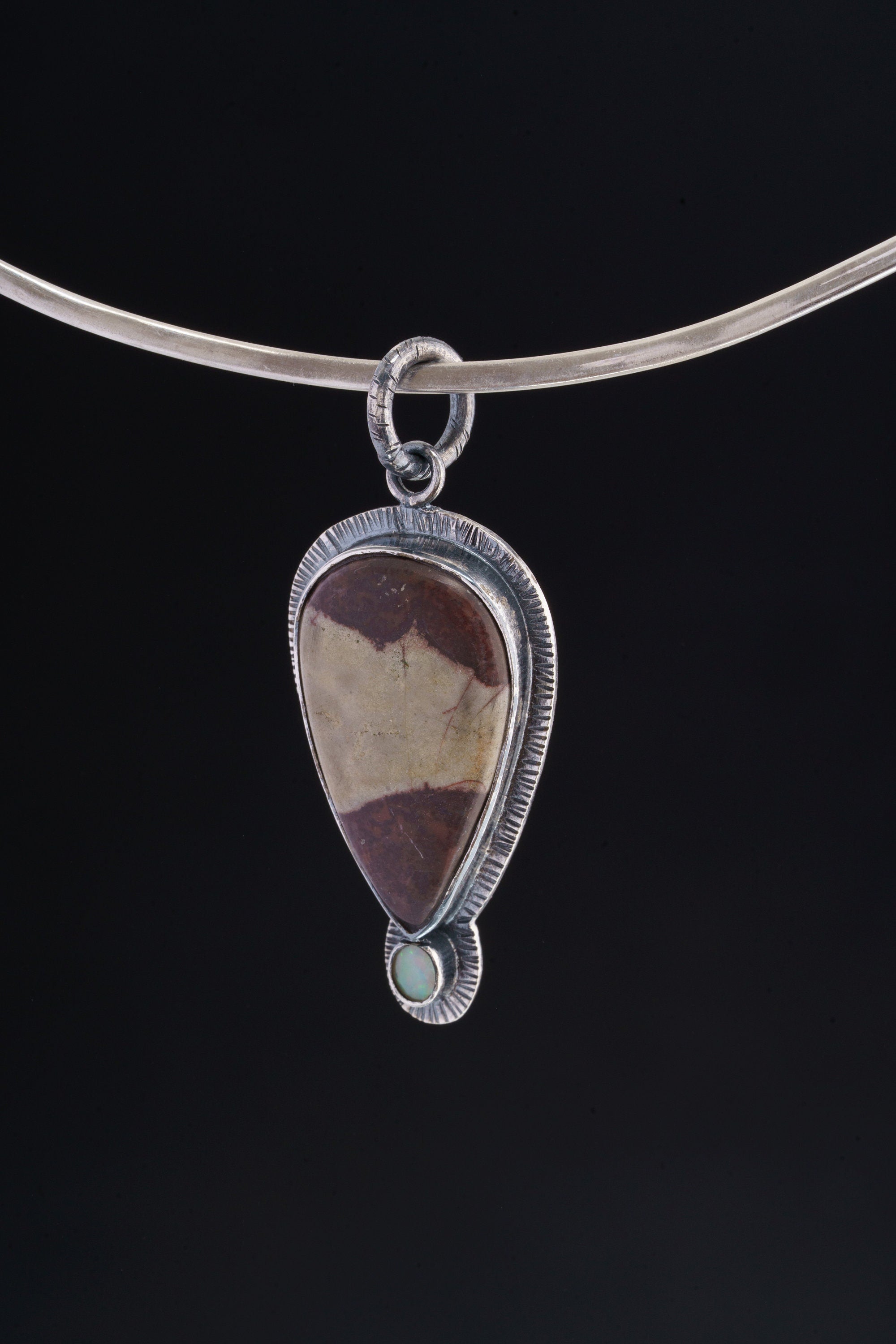 Grounding Australian Mookaite and Fiery Ethiopian Opal Pendant - Oxidised Sterling Silver with Sun Ray Details