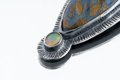 Pietersite's and Ethiopian Opal Pendant - Oxidised Sterling Silver with Sun Ray Hammer Details