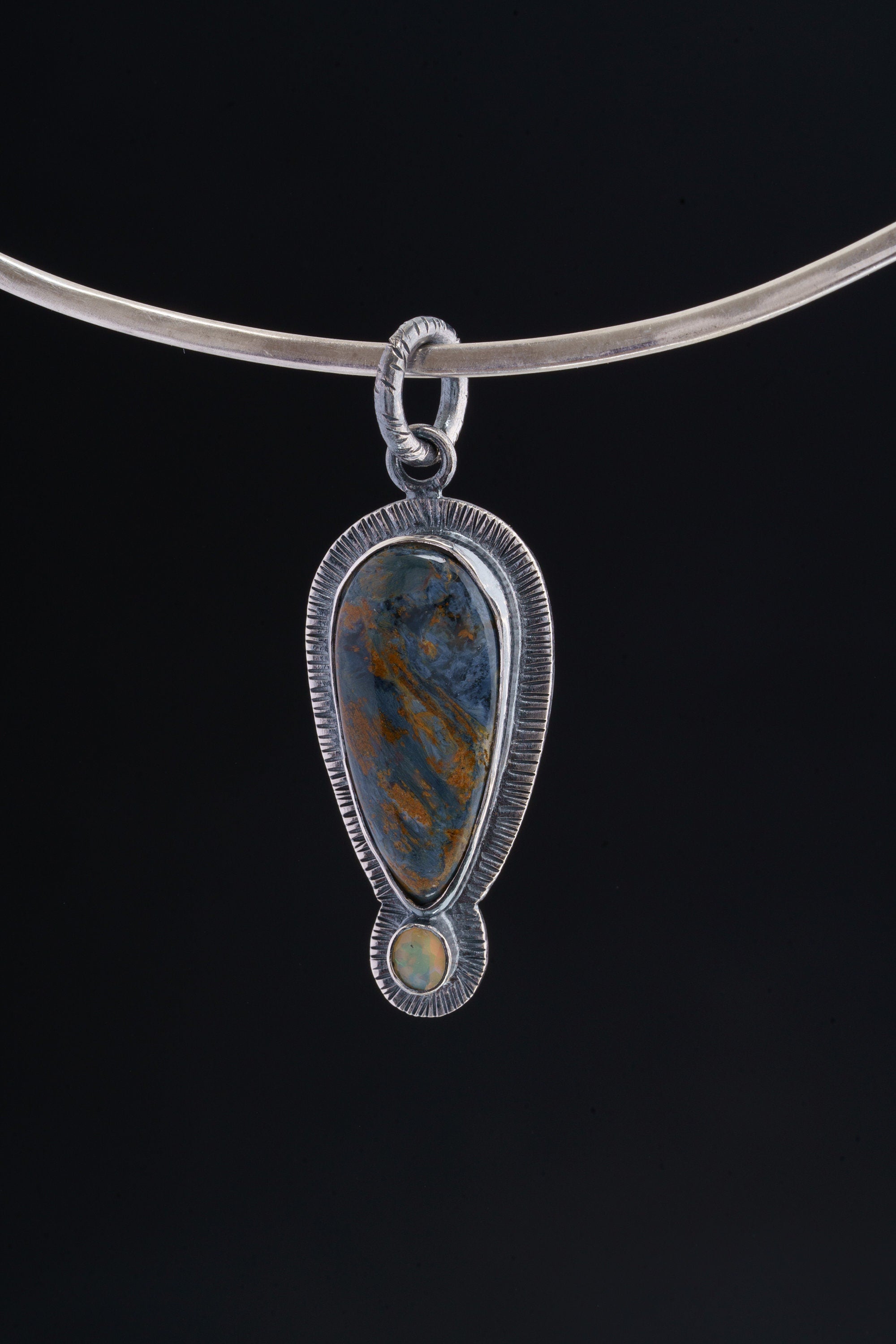 Pietersite & Ethiopian Opal Pendant: Oxidized Sterling Silver Sun Ray Design