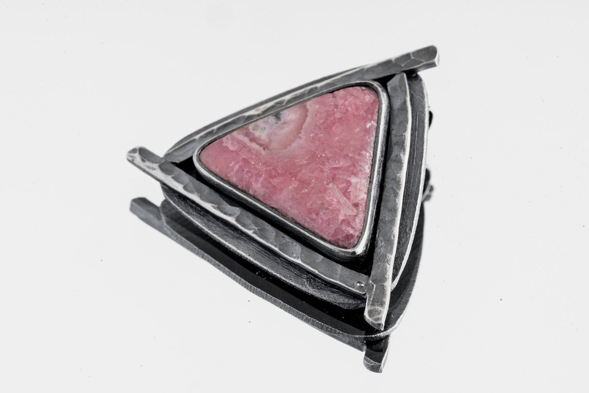 Triangle of Love Rhodochrosite Stack Pendant, Textured & Oxidized Sterling Silver, Heart Chakra, Scorpio, Emotional Healing, Unique Gift