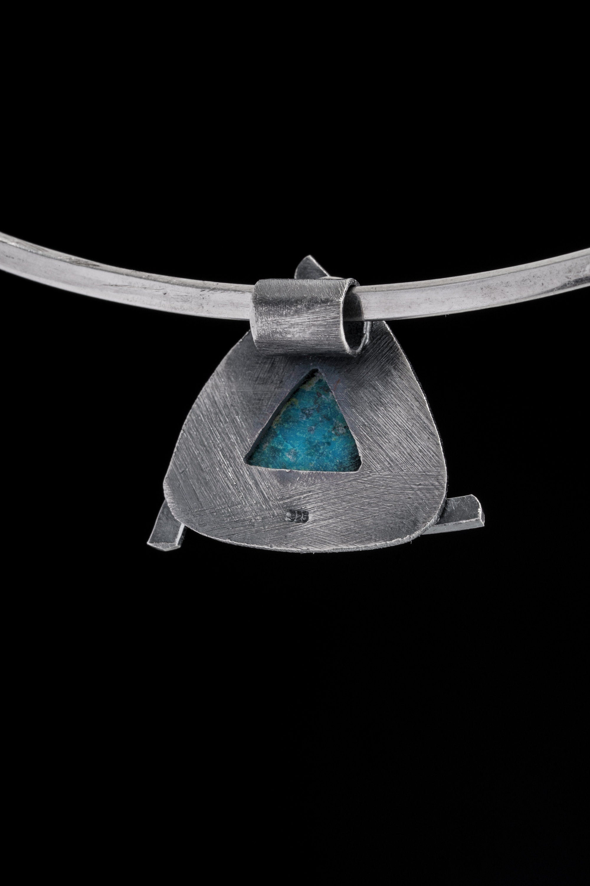 Triangle of Serenity - Silicated Chrysocolla - Stack Pendant - Textured & oxidised - 925 Sterling Silver - Crystal Pendant