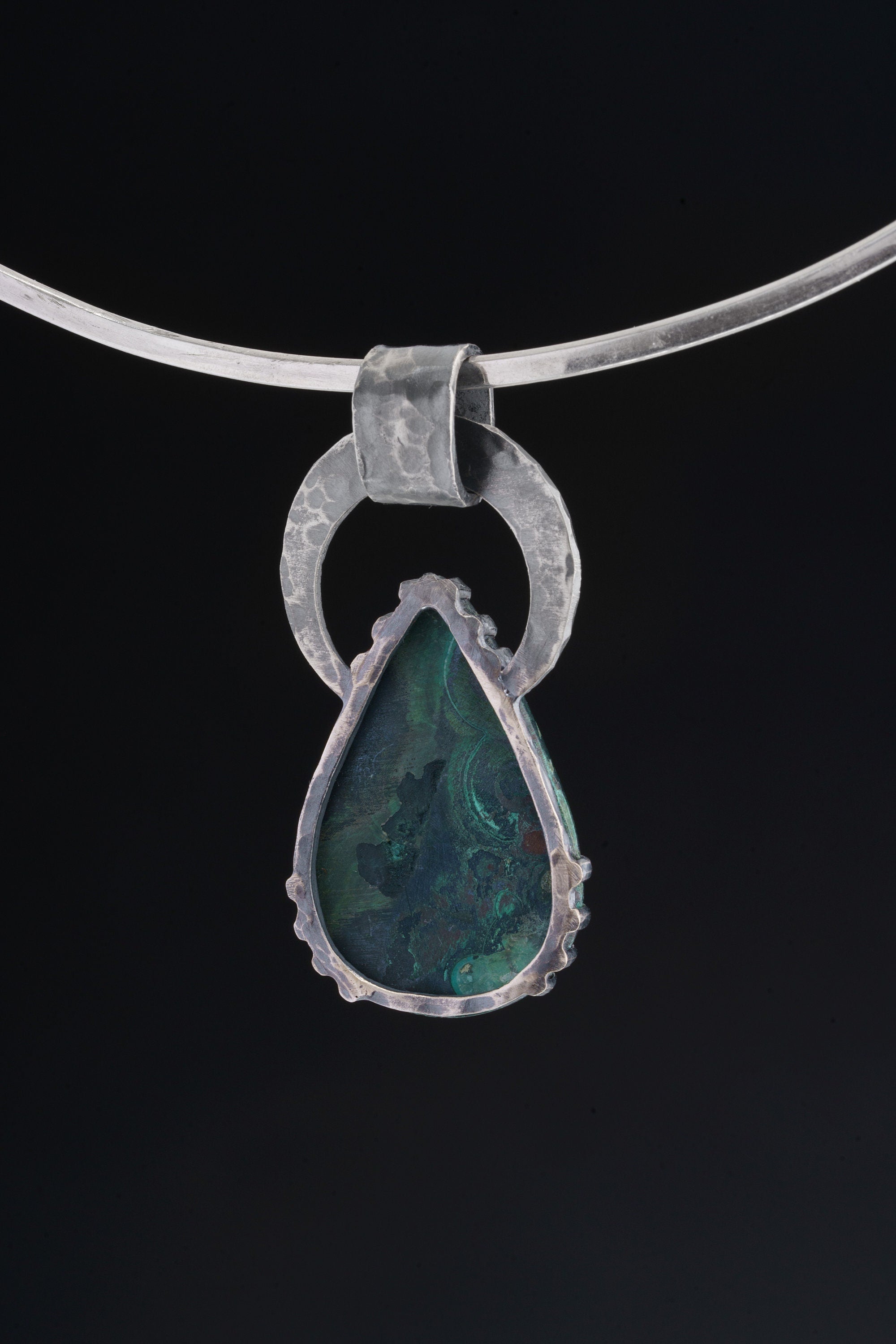 Australian Malachite & Raw Amethyst - Oxidised Hammered Sterling Silver - Claw Set Pendant