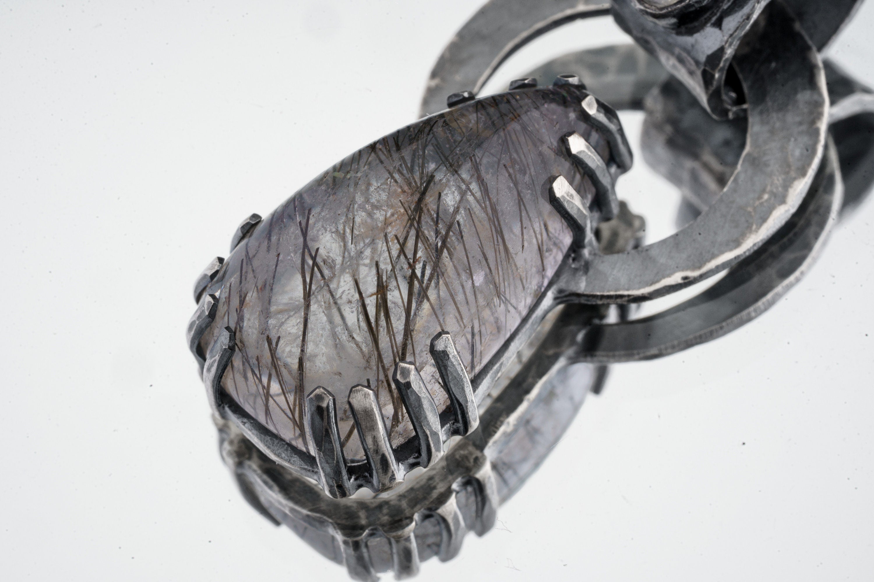 Black Rutile Quartz and Blue Moonstone - Oxidised Hammered Sterling Silver - Claw Set Pendant