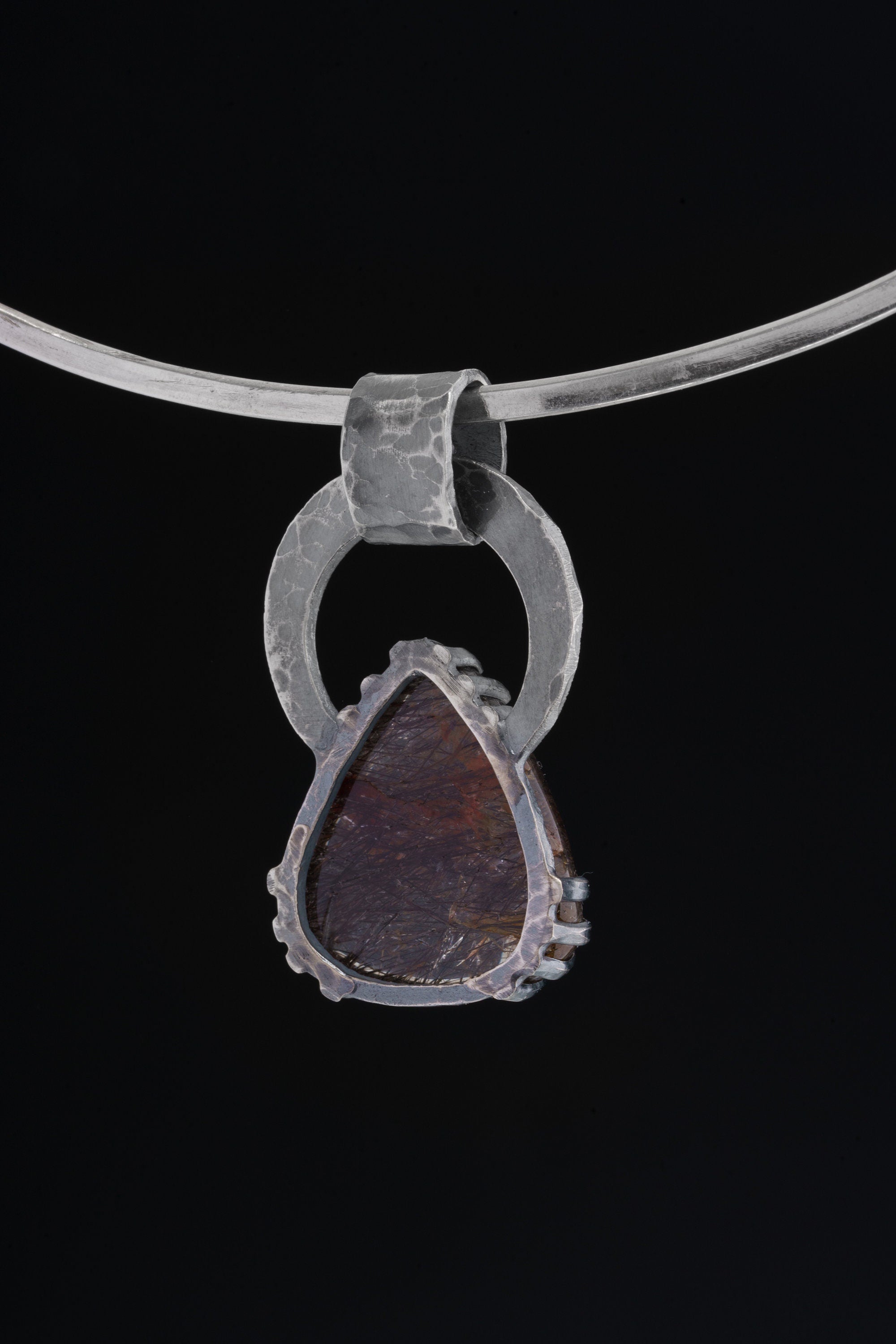 Hammered Sterling Silver Amethyst Pendant: Black Rutile Quartz Claw Setting