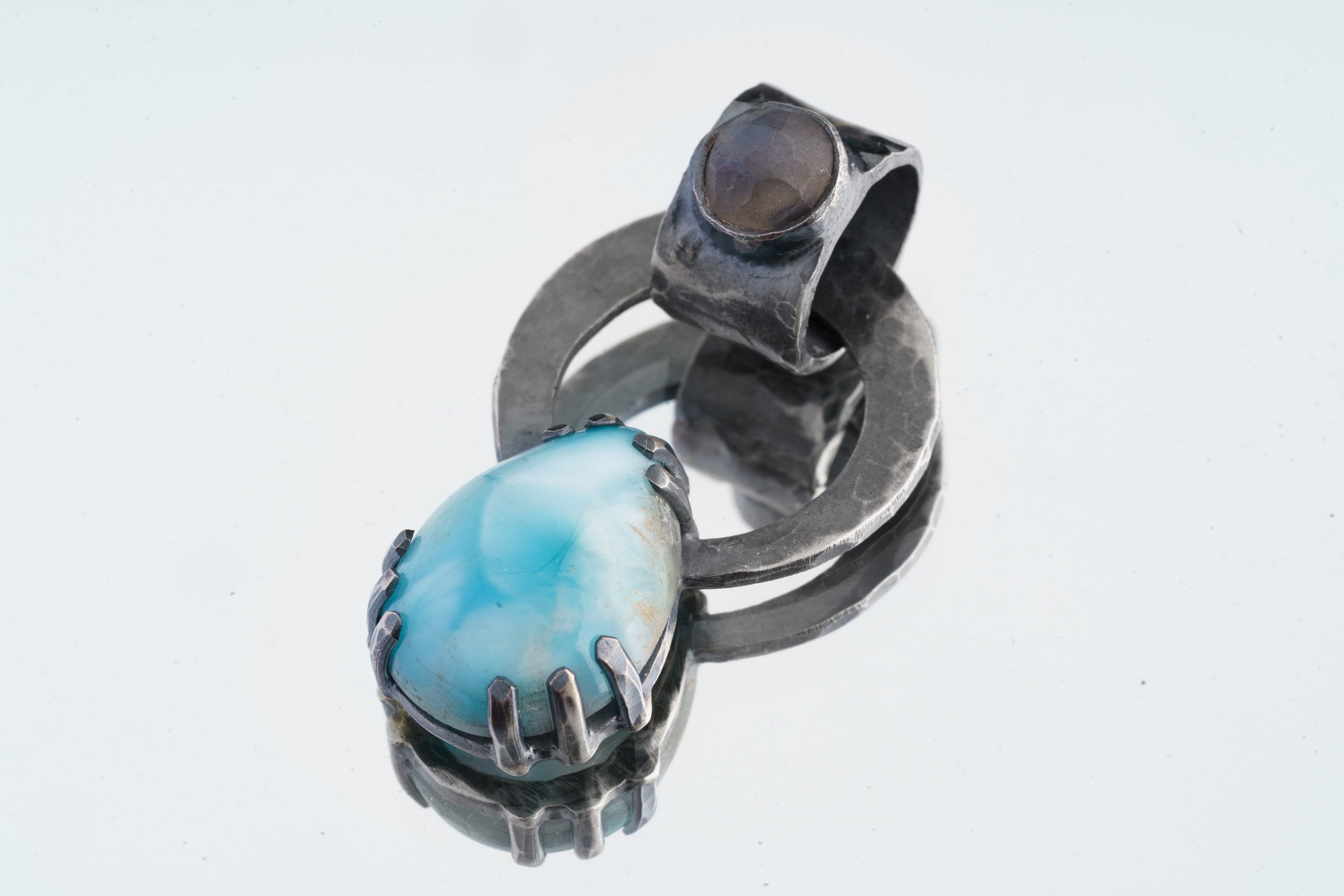 Larimar Blue Moonstone Pendant 925 Sterling Silver Oxidized Hammered Claw Necklace Throat Crown Chakra Gift