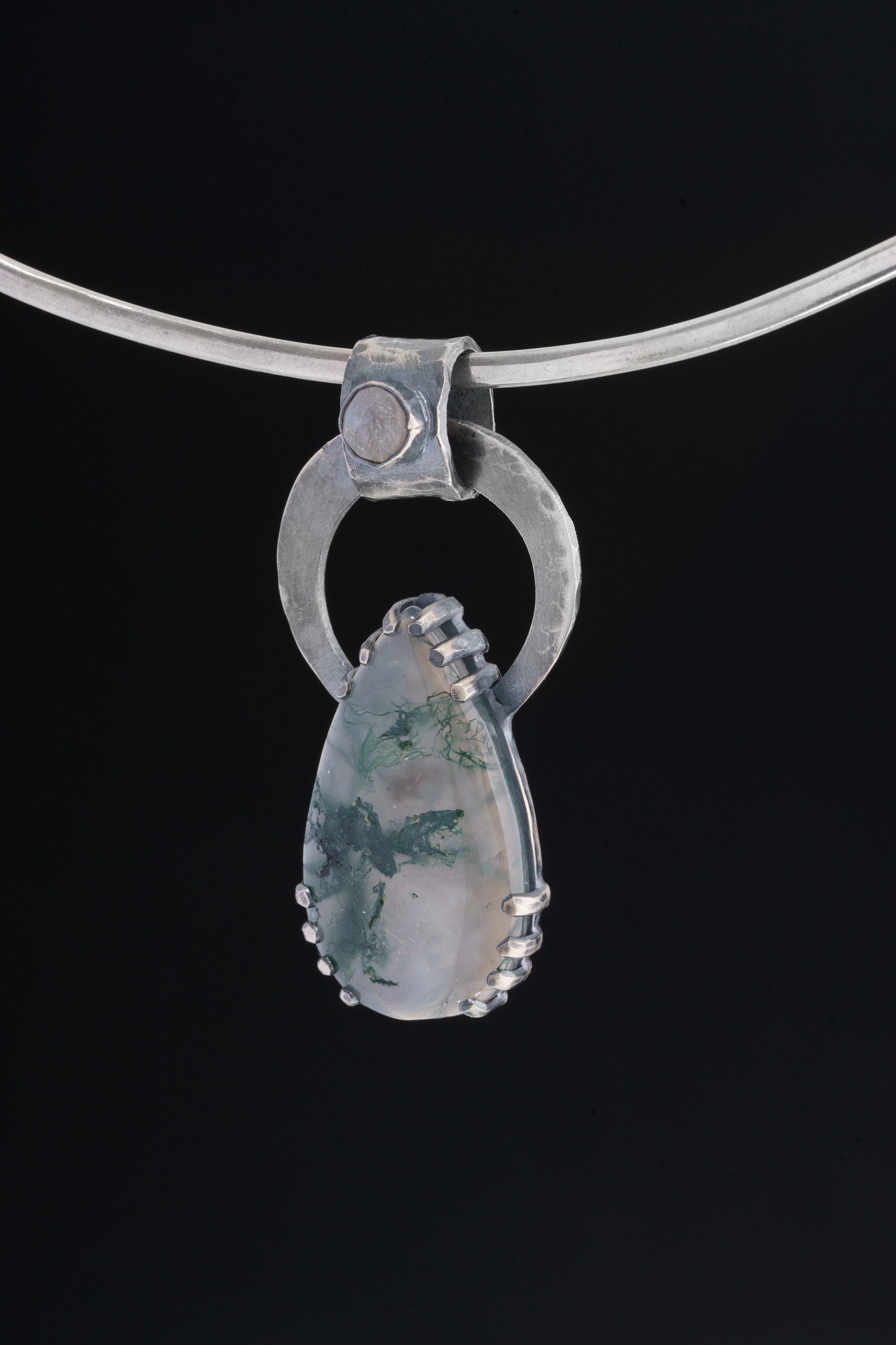 The Mystic Legacy: Moss Agate & Blue Moonstone - Oxidised Hammered Sterling Silver - Claw Set Pendant
