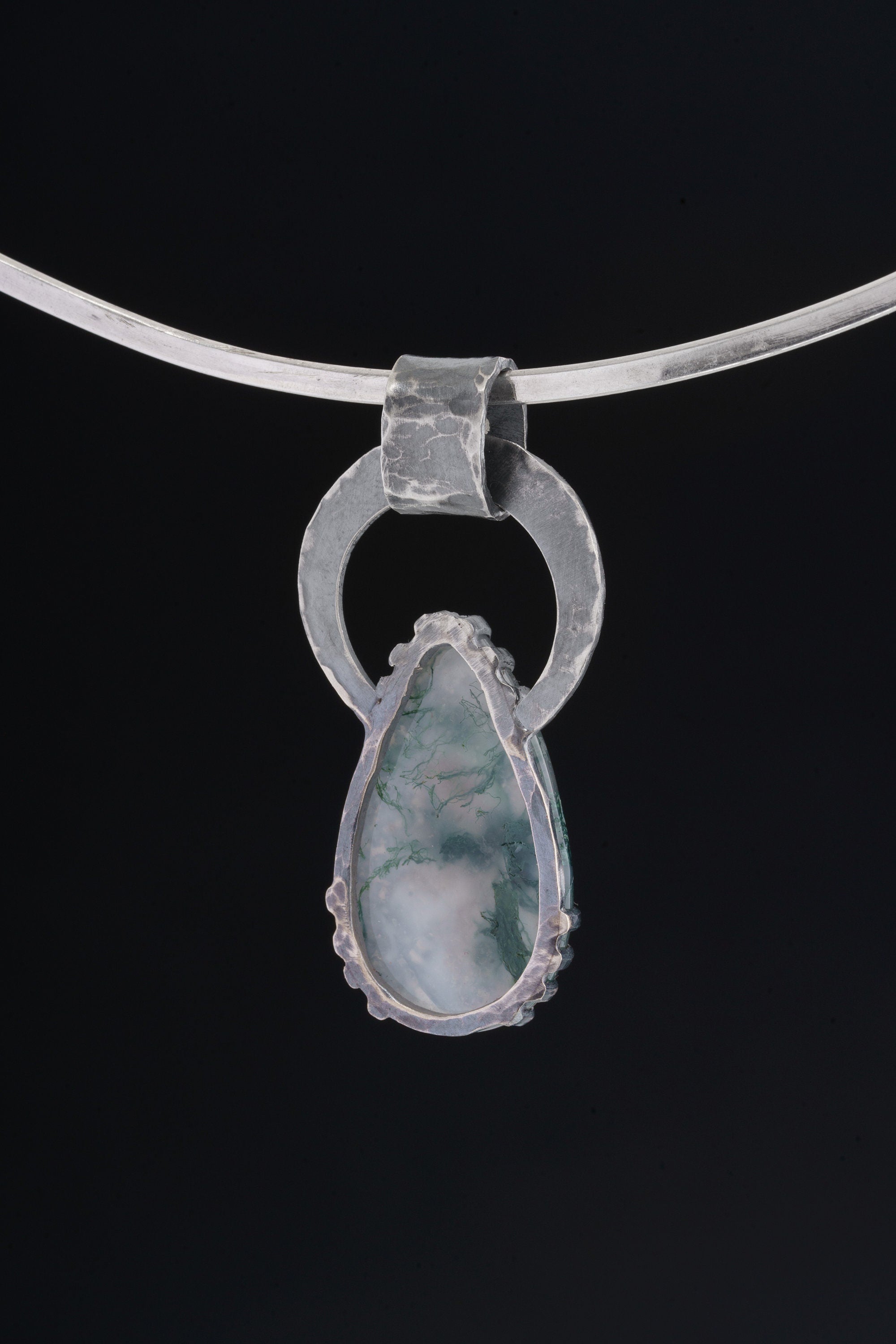 Moss Agate & Blue Moonstone - Oxidised Hammered Sterling Silver - Claw Set Pendant