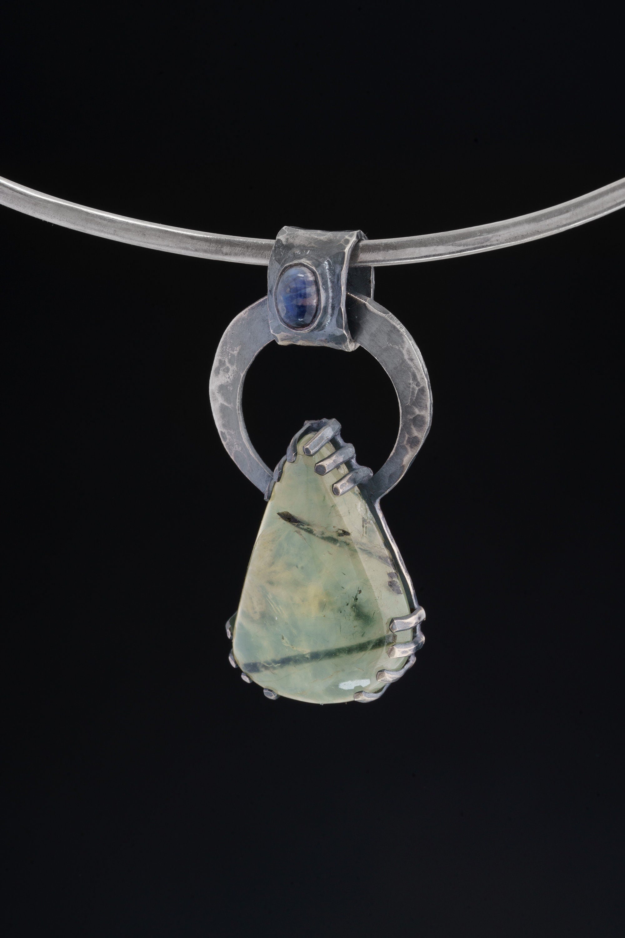 Blue Moonstone Peridot pendant displayed on a choker with large oxidized sterling silver bail and teardrop stone.