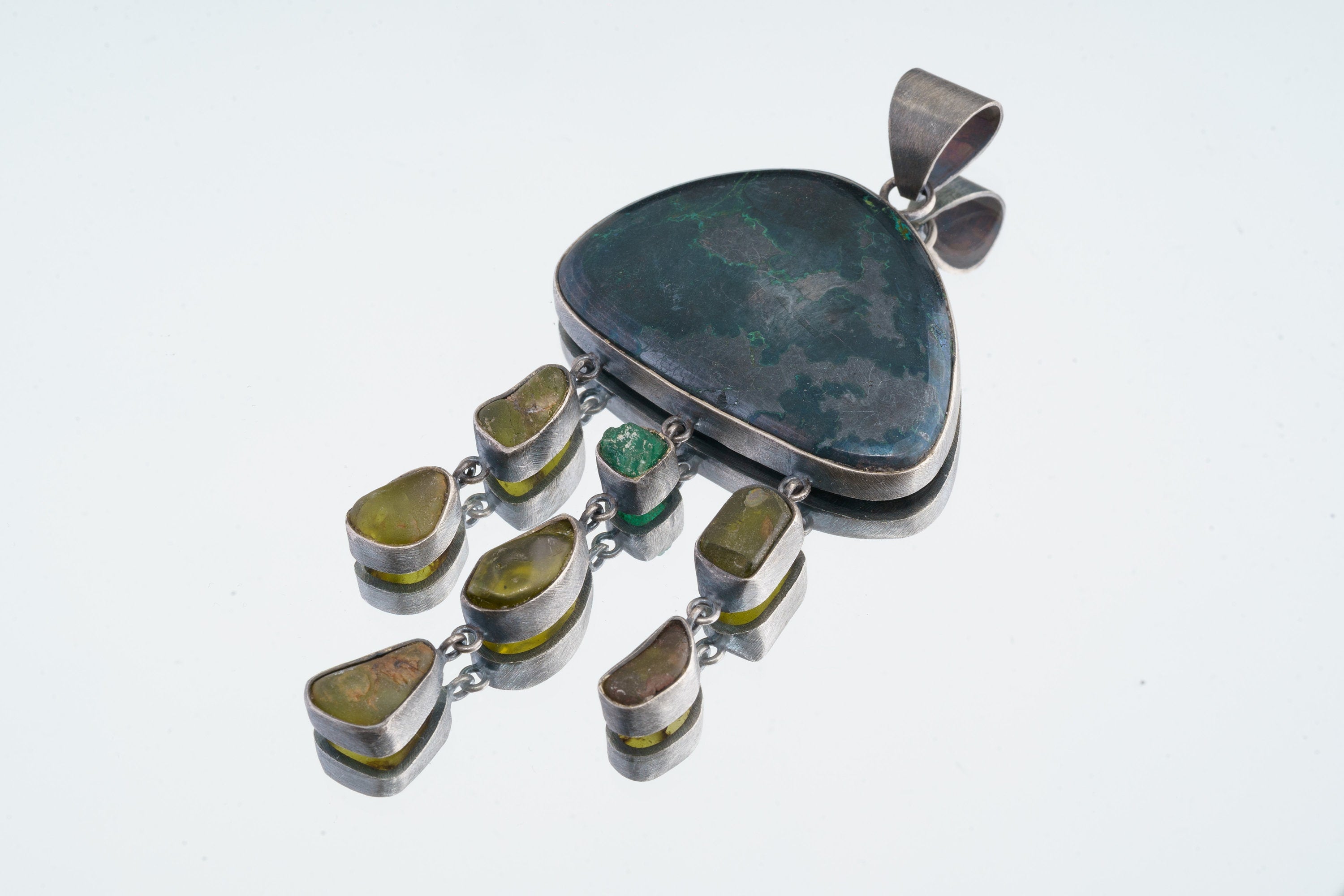 The Mystic Legacy: Australian Malachite & Pyrite Inclusions, River Tumbled Peridot, Raw Gem Emerald - Unique Sterling Silver Crystal Pendant