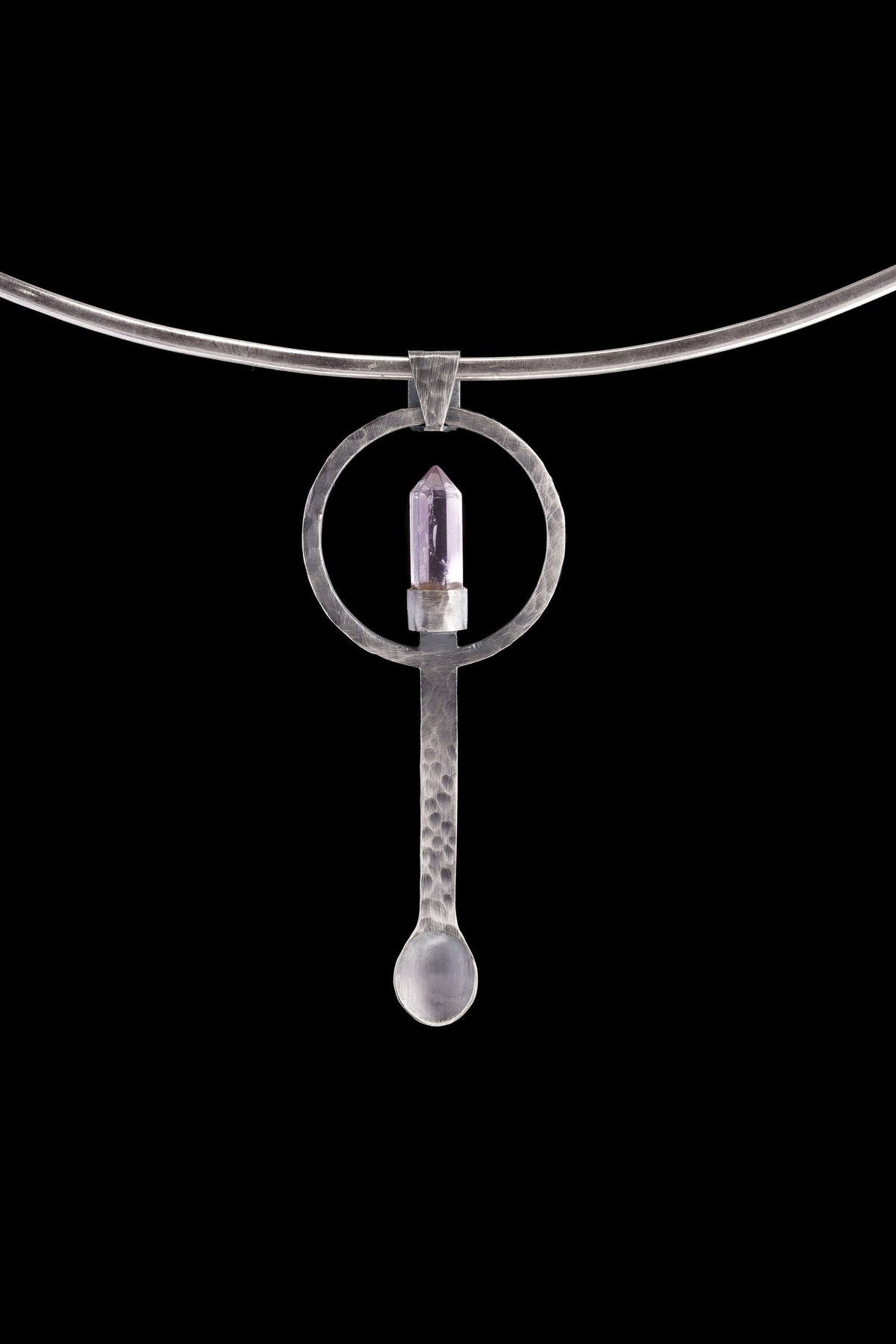 Amethyst Generator sterling silver ritual spoon shown on a choker with brushed silver and purple crystal setting.