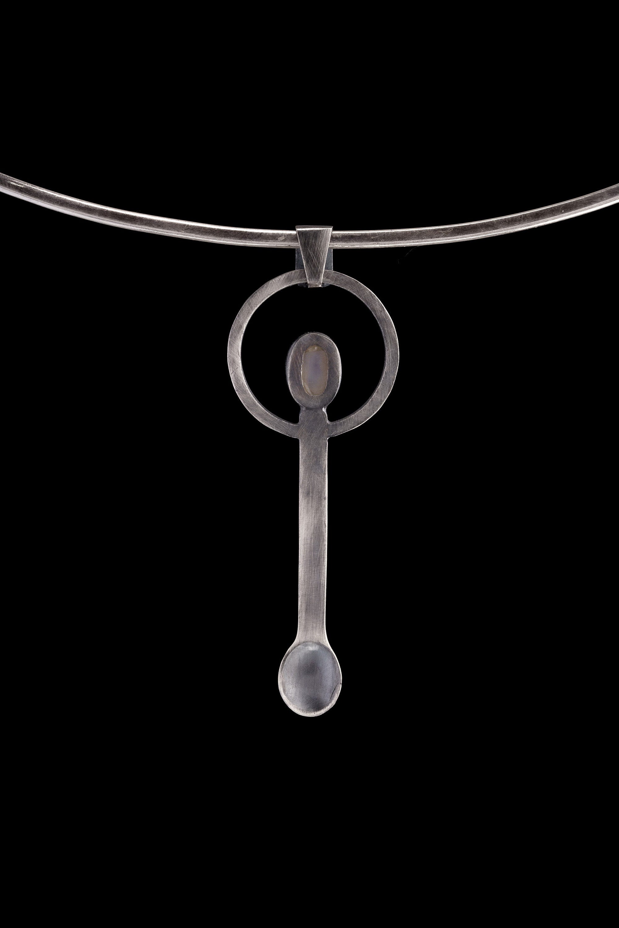 Semi Polished Blue Moonstone - Small Spice Spoon - Solid 925 Cast Silver - Oxidised Brush Textured - Crystal Pendant Necklace
