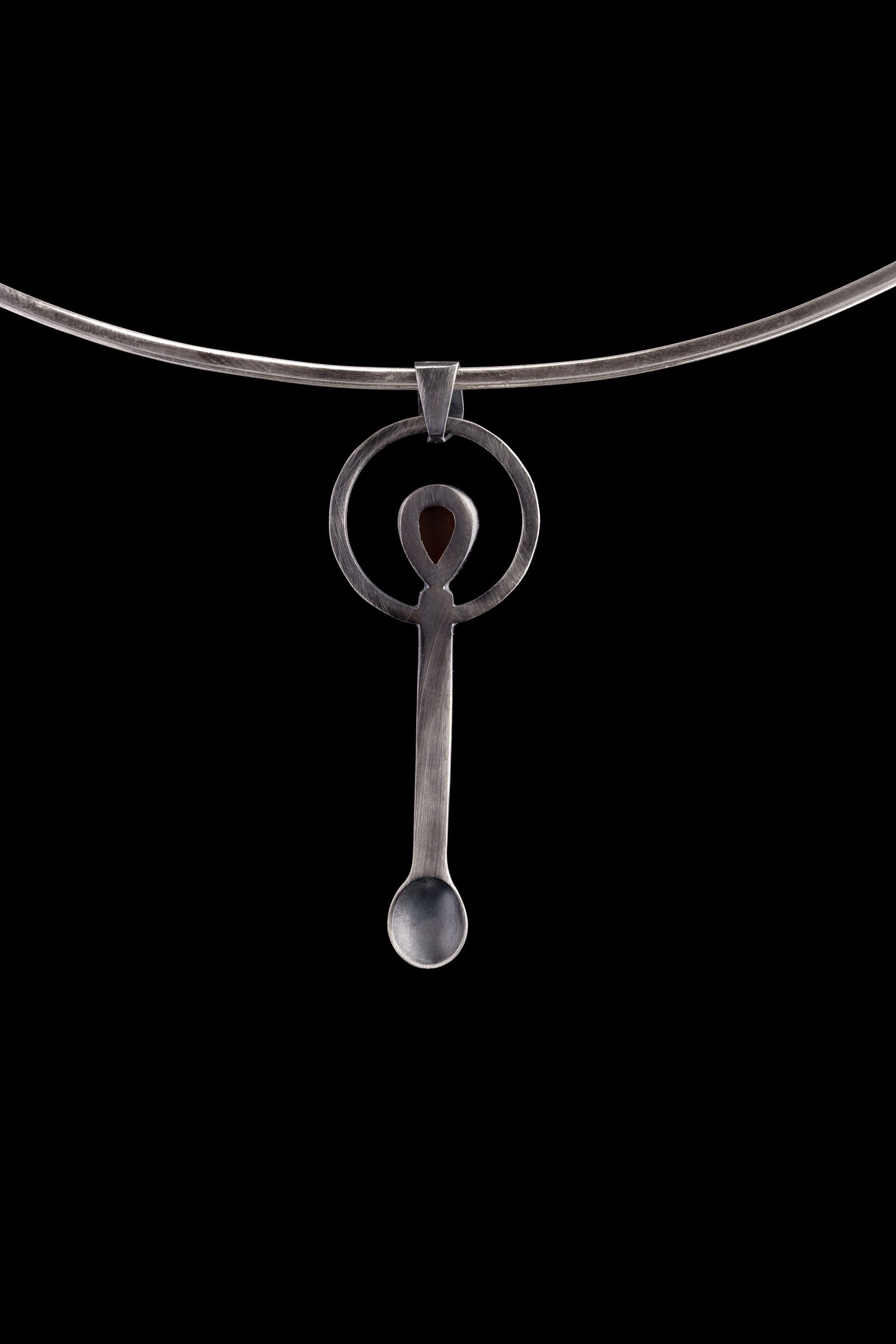 Fiery Ethiopian Opal Teardrop - Small Spice Spoon - Solid 925 Cast Silver - Oxidised & Brushed Texture - Crystal Pendant Necklace