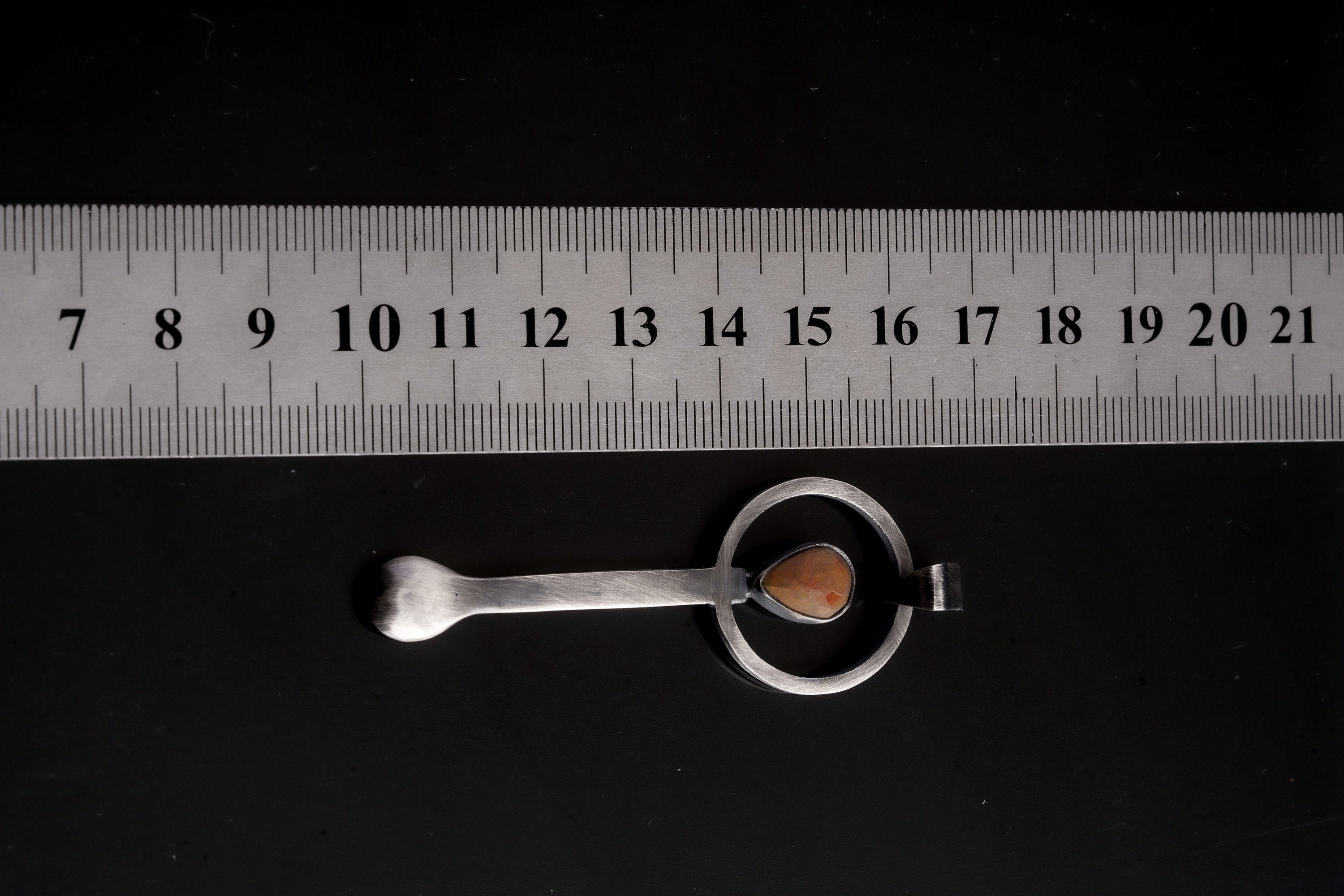 Fiery Ethiopian Opal Teardrop - Small Spice Spoon - Solid 925 Cast Silver - Oxidised & Brushed Texture - Crystal Pendant Necklace