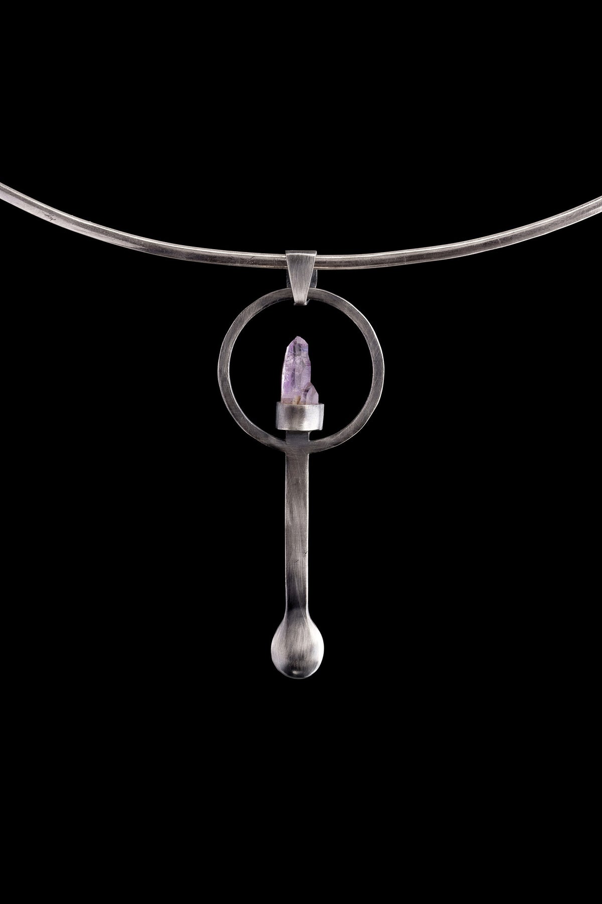 Twin Vera Cruz Amethyst sterling silver spoon pendant shown on a choker with brush-textured silver and lilac crystal.