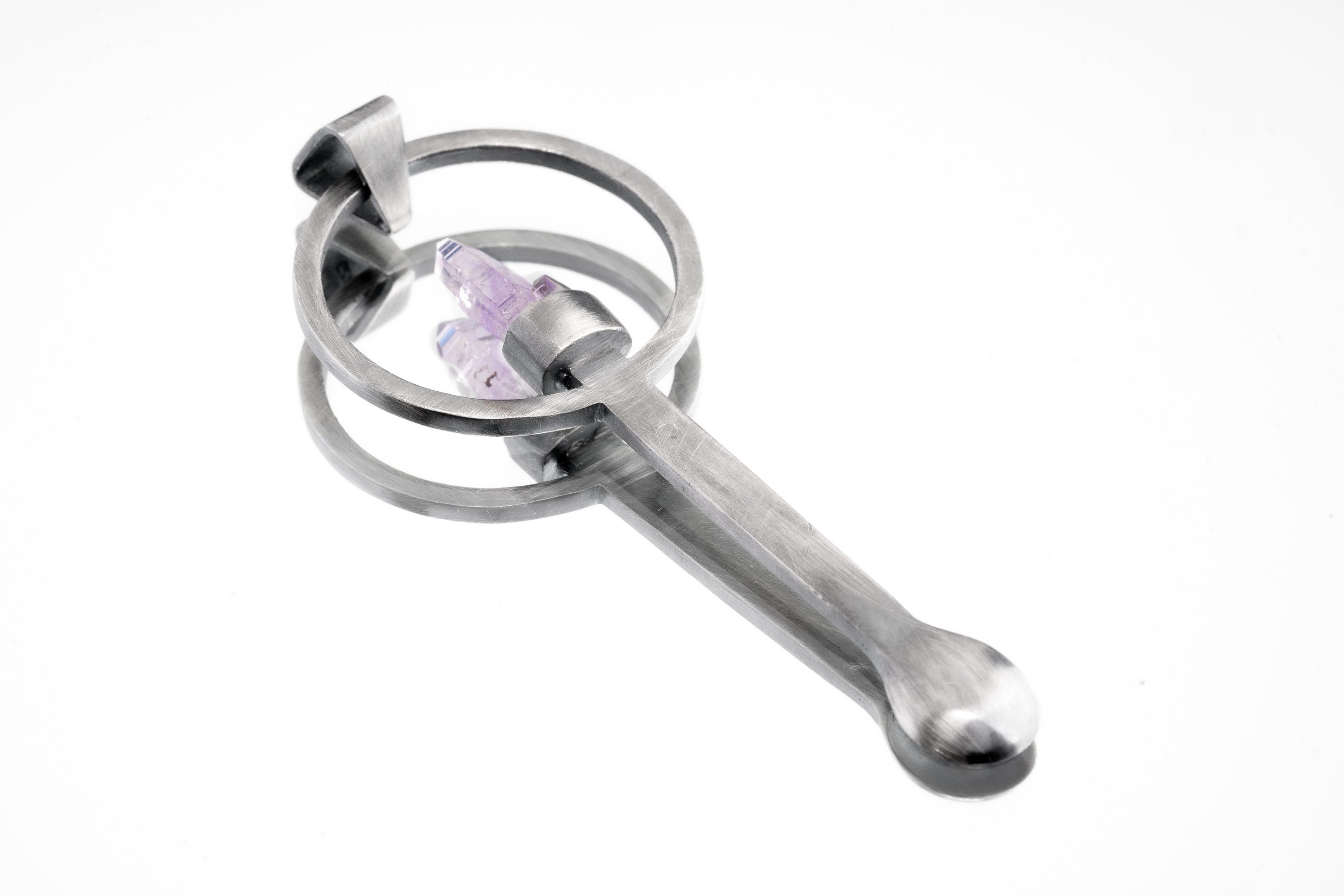 Twin Vera Cruz Amethyst spoon pendant shown on white background with solid 925 sterling silver and pale purple crystal.